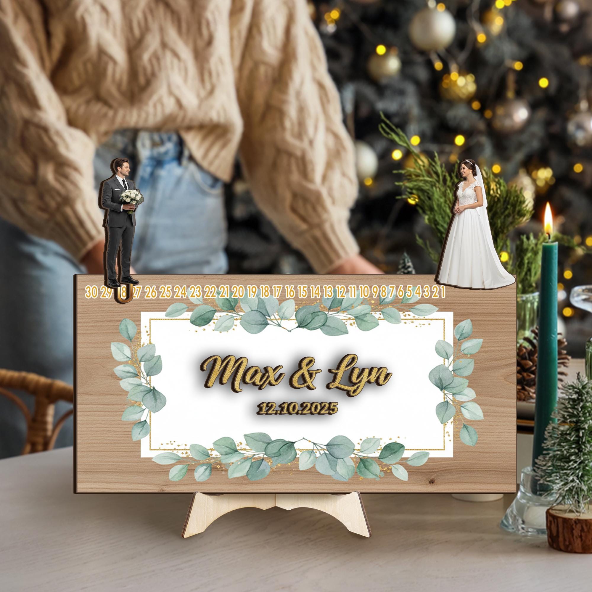 Wood Wedding Countdown Sign – Slider Design with Custom Names and Date Engraving image 1