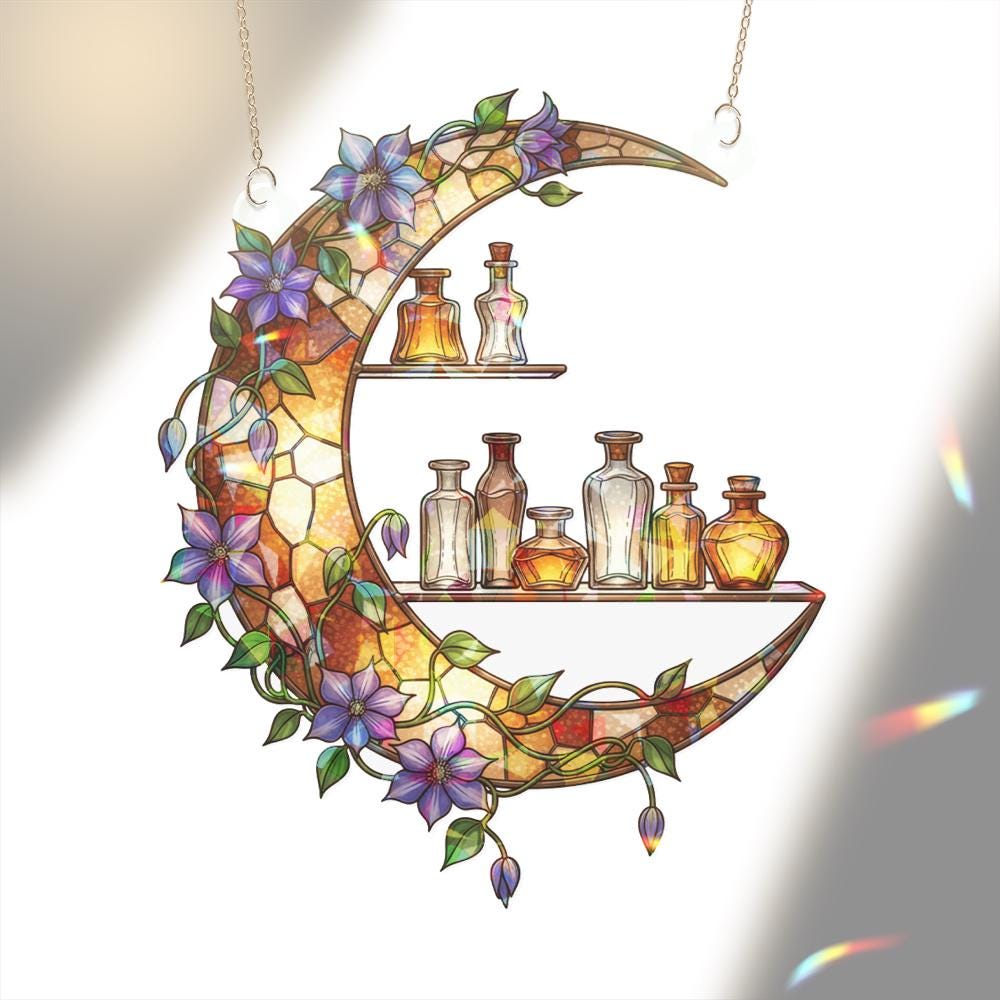 Moon Window Hanging – Crescent Shelf with Flowers and Bottles Sun Catcher Decor image 3