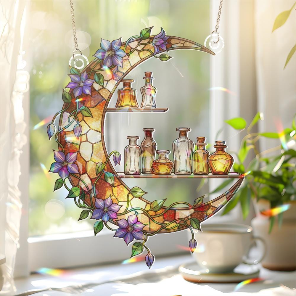 Moon Window Hanging – Crescent Shelf with Flowers and Bottles Sun Catcher Decor image 1