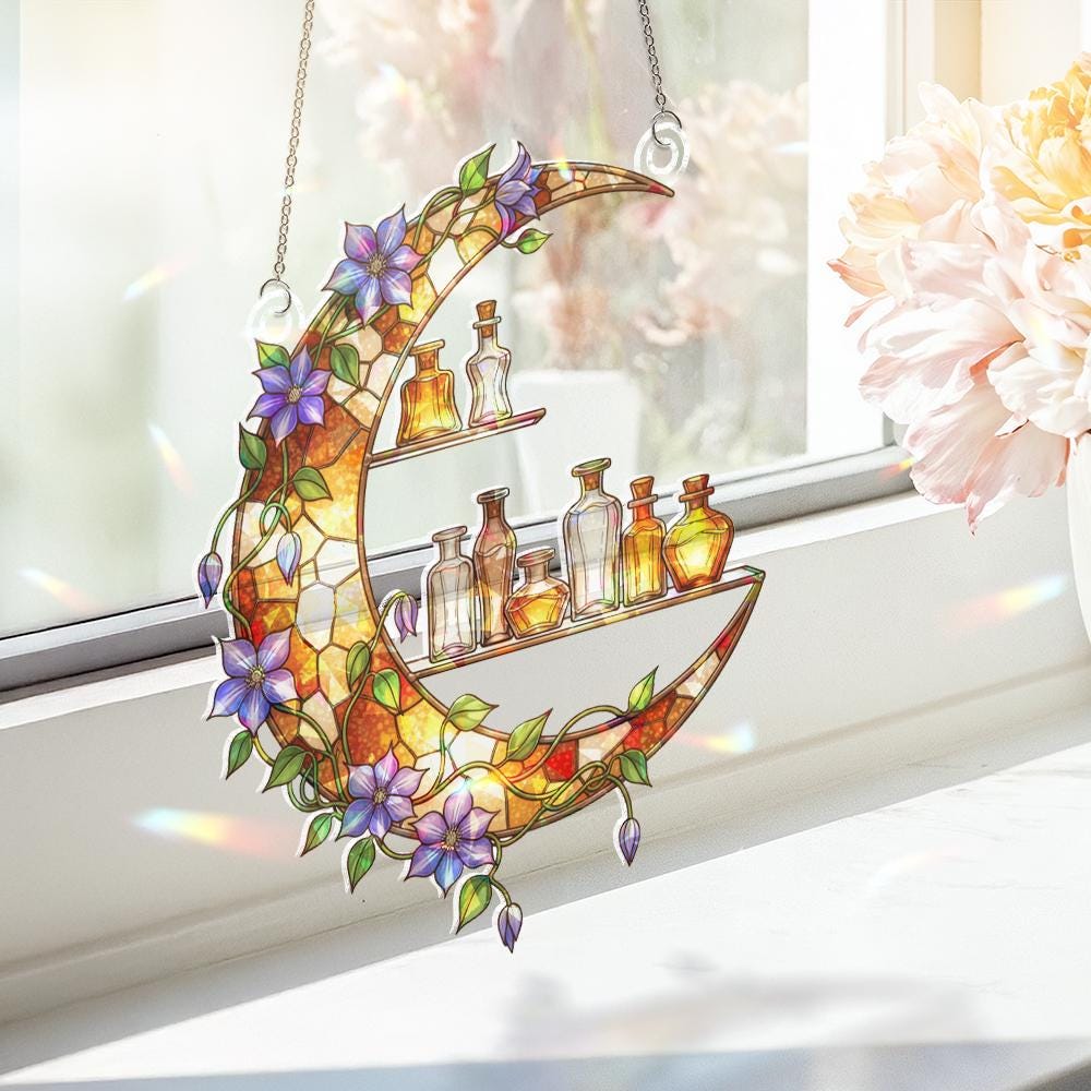Moon Window Hanging – Crescent Shelf with Flowers and Bottles Sun Catcher Decor image 4
