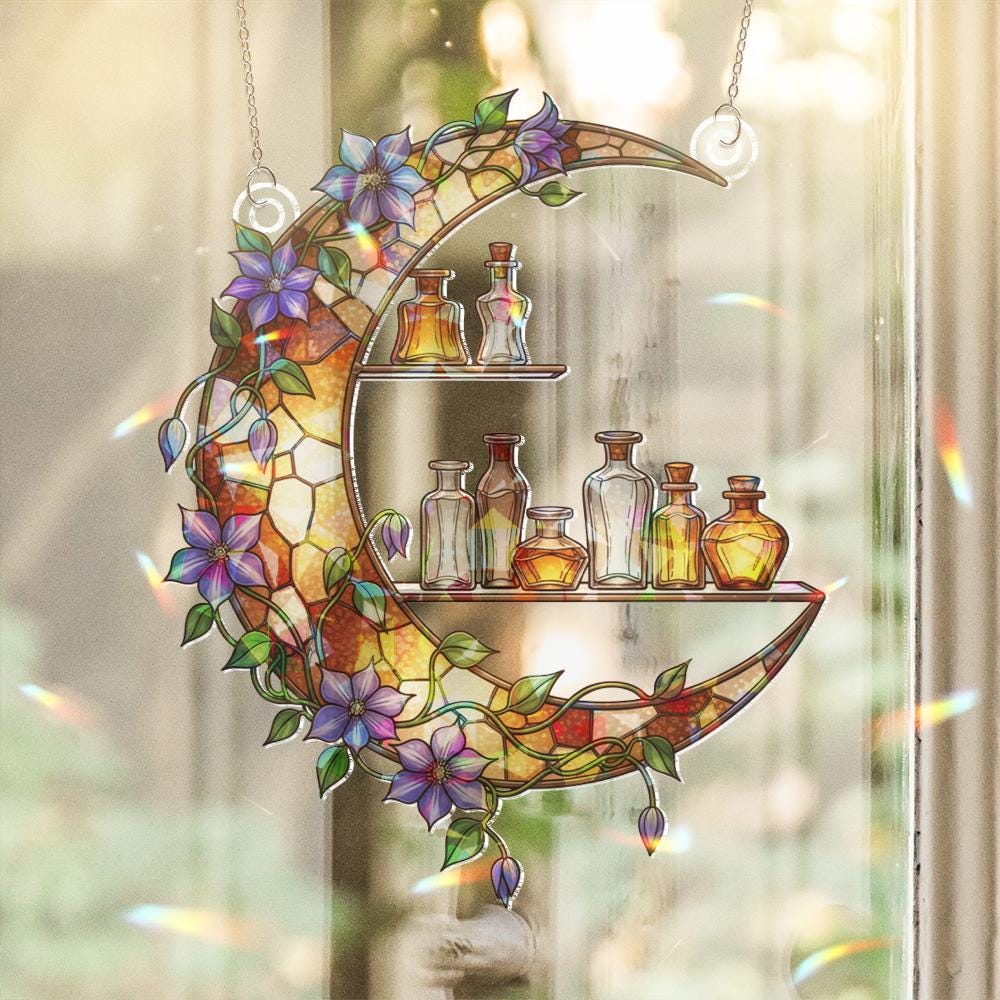 Moon Window Hanging – Crescent Shelf with Flowers and Bottles Sun Catcher Decor image 5