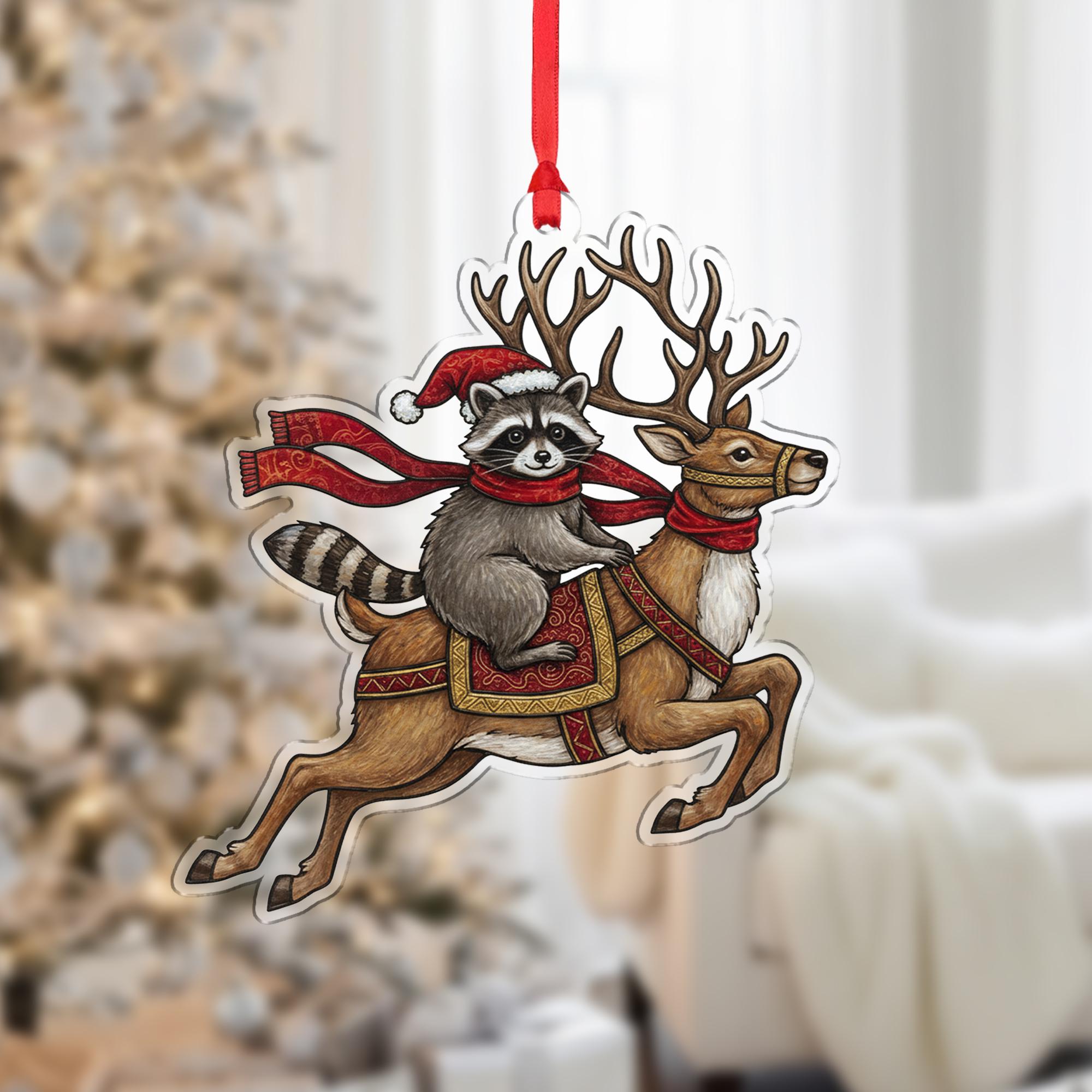 Festive Raccoon & Reindeer Christmas Tree Ornament – Holiday Woodland Animal Acrylic Decoration image 1