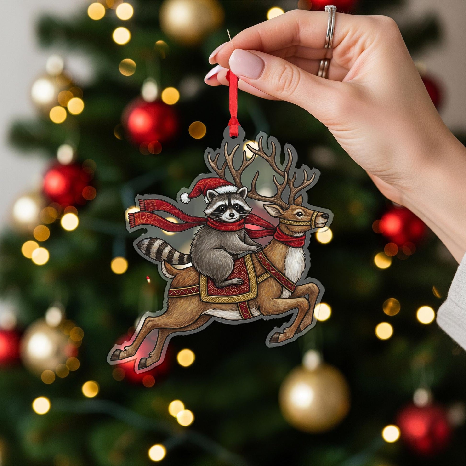 Festive Raccoon & Reindeer Christmas Tree Ornament – Holiday Woodland Animal Acrylic Decoration image 2