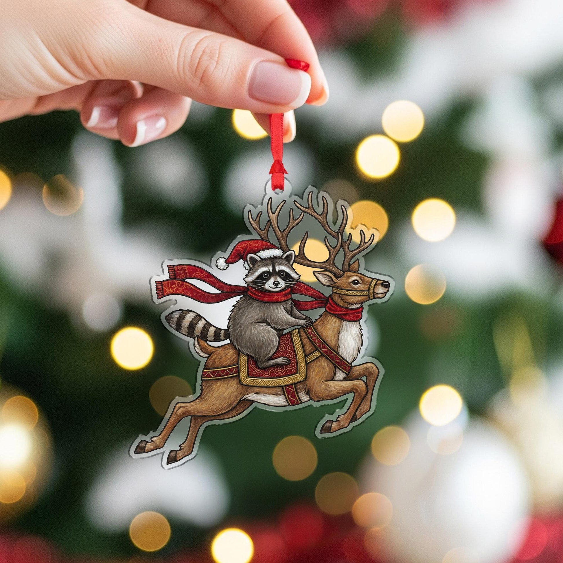 Festive Raccoon & Reindeer Christmas Tree Ornament – Holiday Woodland Animal Acrylic Decoration image 5