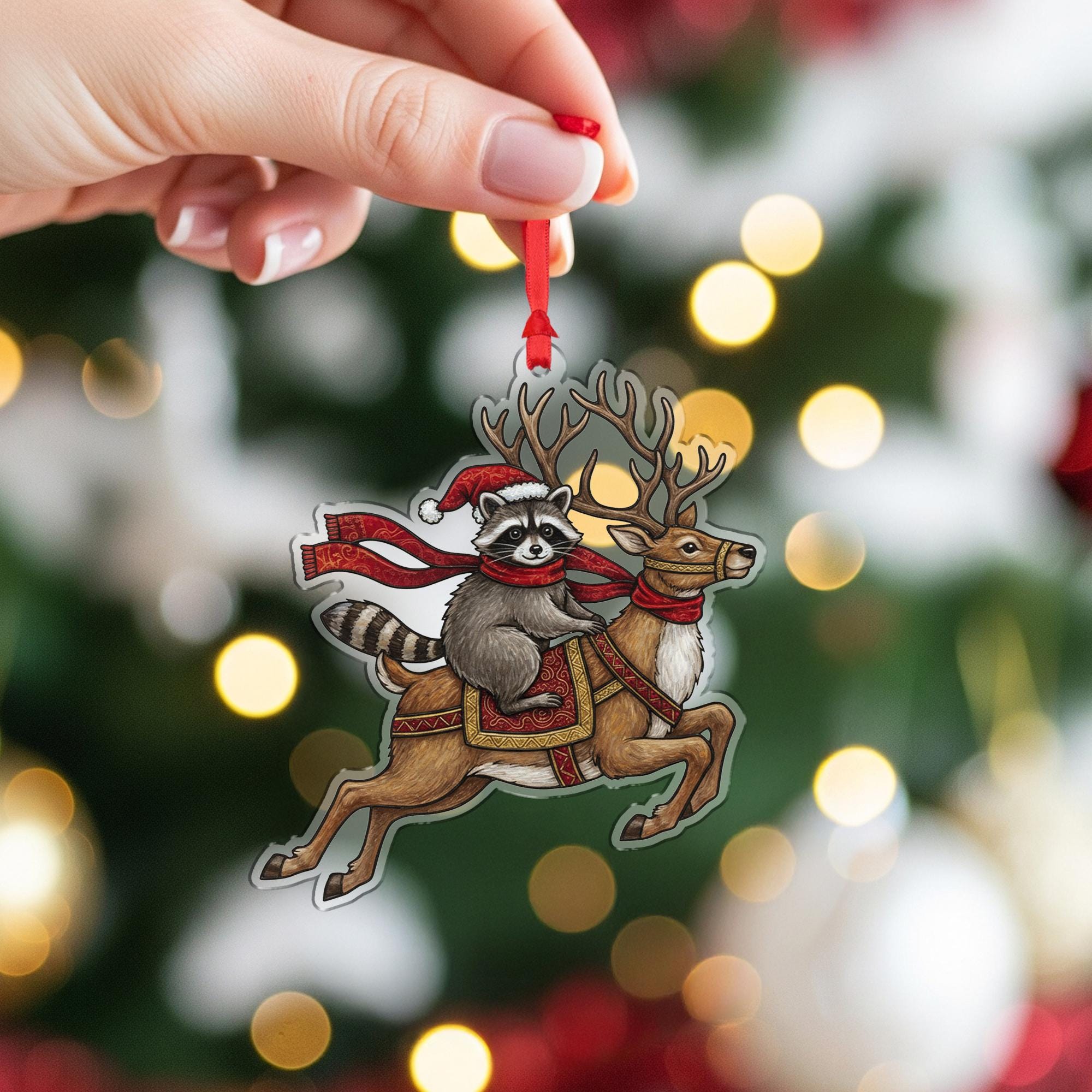 Festive Raccoon & Reindeer Christmas Tree Ornament – Holiday Woodland Animal Acrylic Decoration image 5