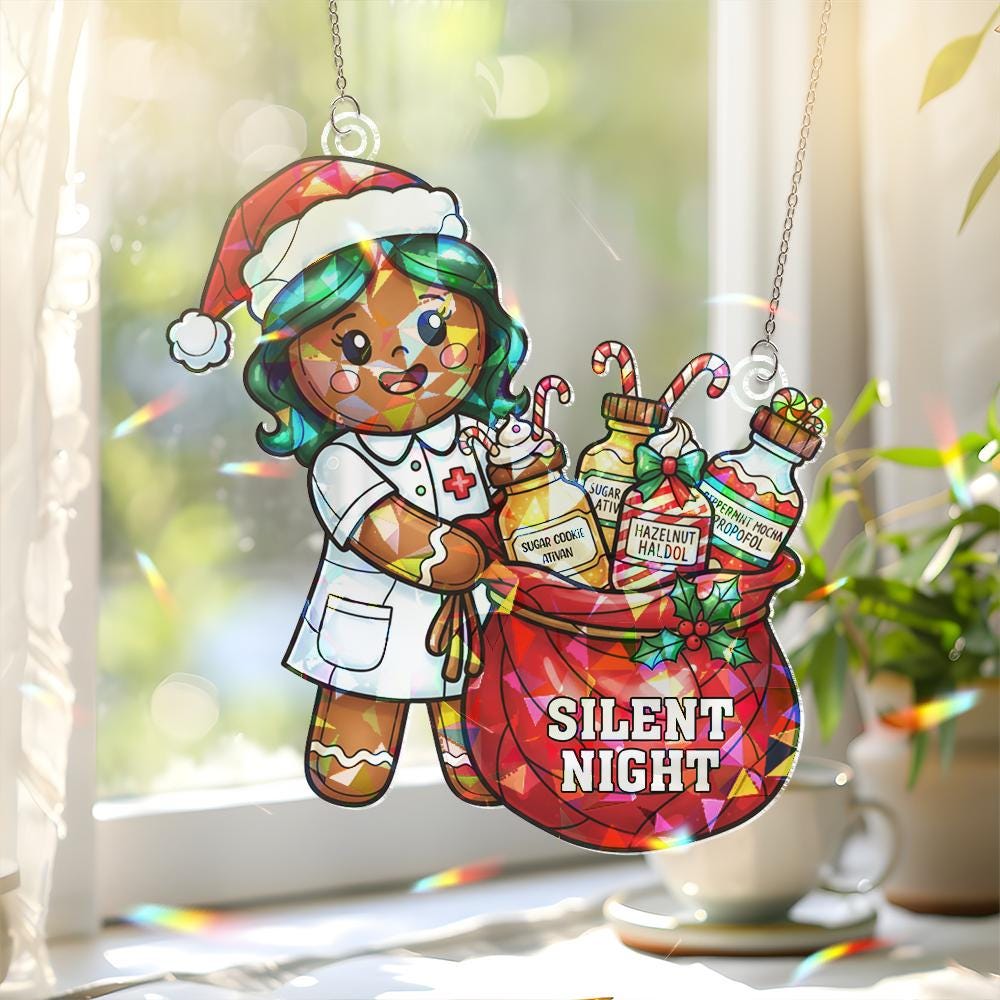 Hologram Christmas Window Hanging “Silent Night” Nurse Gingerbread