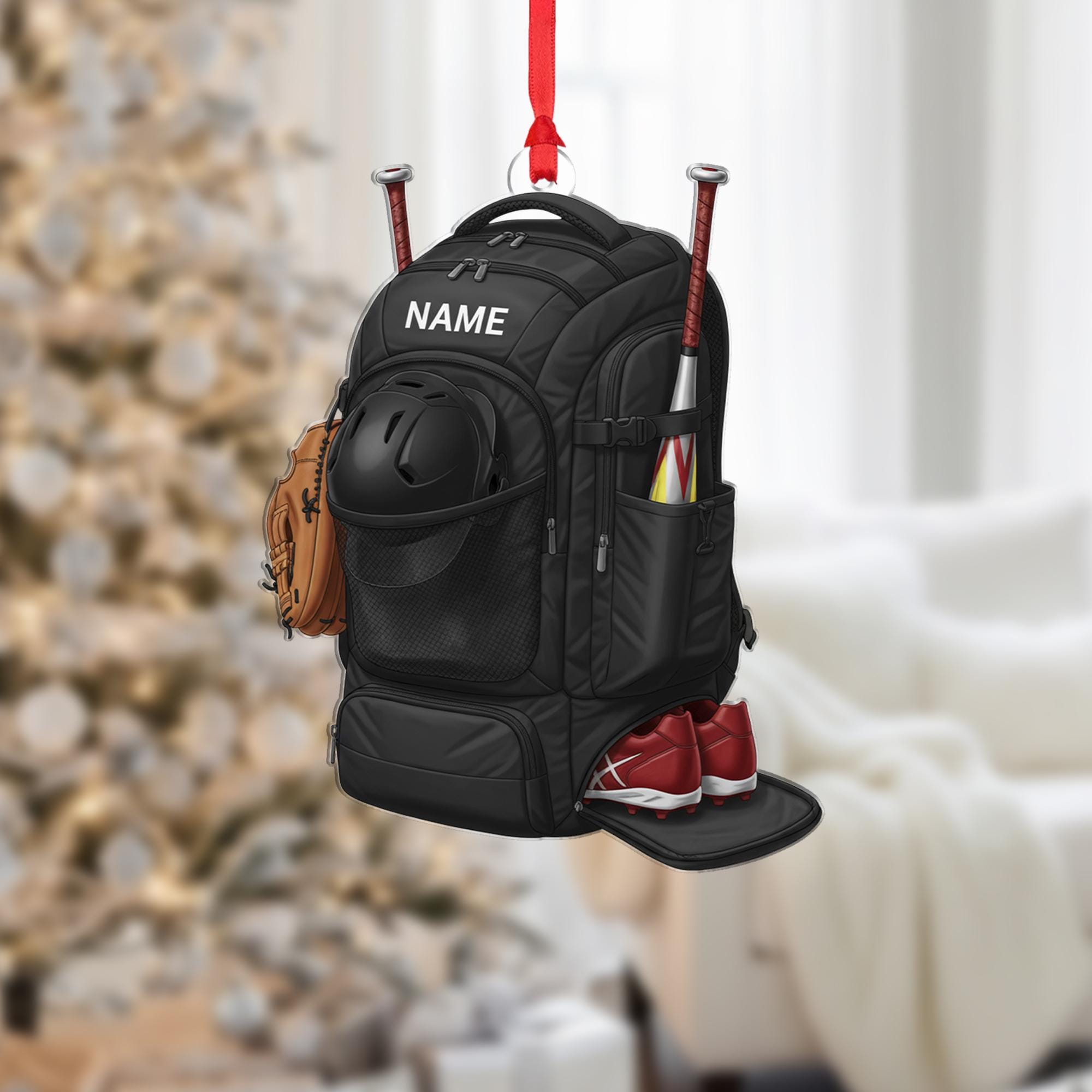 Personalized Baseball Backpack Ornament: Sports Equipment Design, Custom Name, Black Athletic Decoration image 1