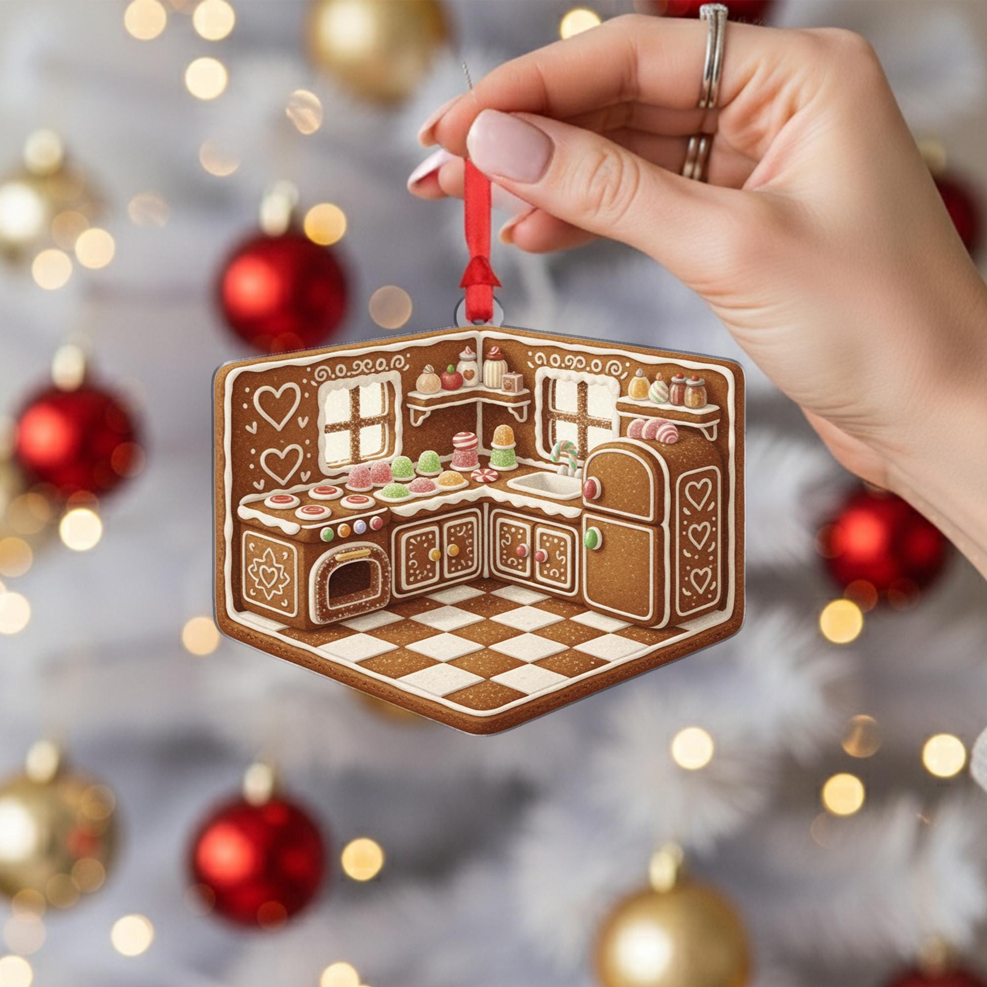 Gingerbread Kitchen Ornament: Cookie Design, Holiday Baking Theme, Brown and White Decoration image 2