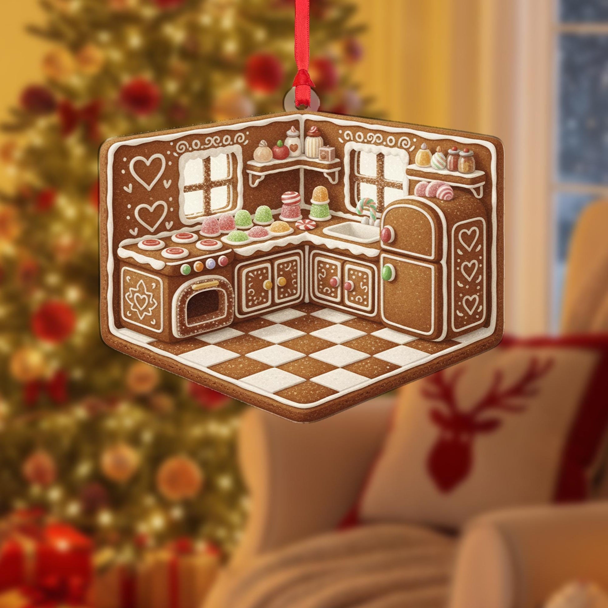 Gingerbread Kitchen Ornament: Cookie Design, Holiday Baking Theme, Brown and White Decoration image 7