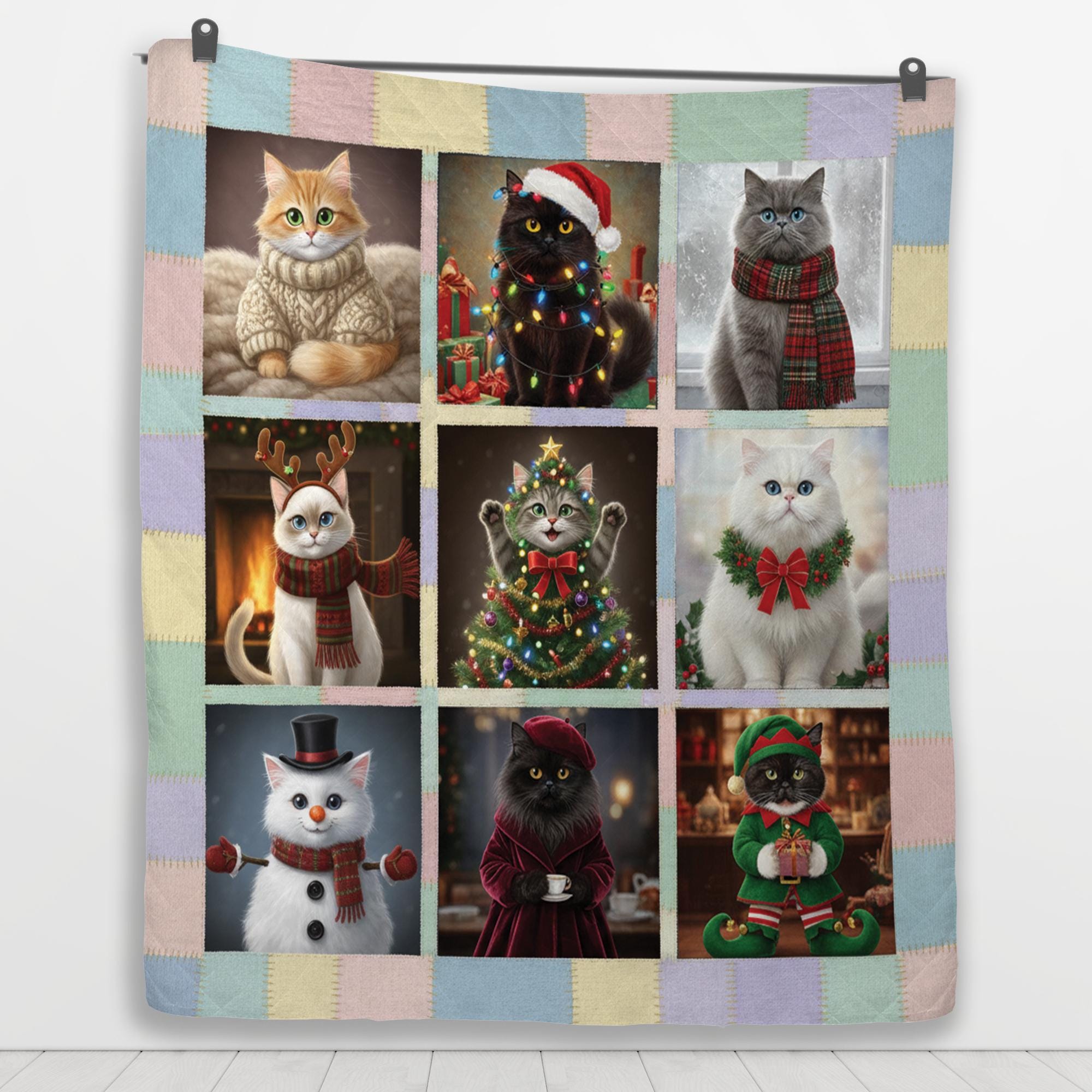 Christmas Cat Quilt Blanket: Printed Patchwork Design, Cozy Holiday Bedding, Soft Home Decor image 3