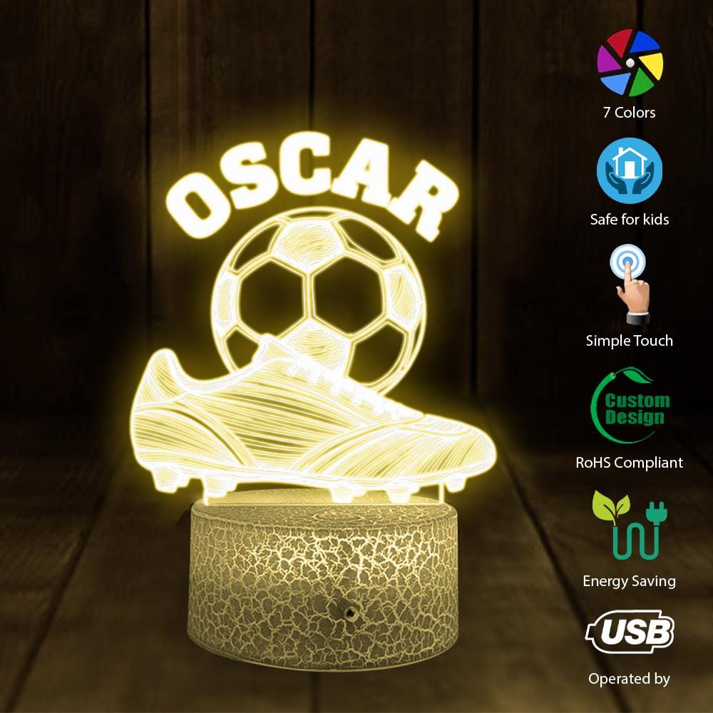 Custom Acrylic LED Night Light with Wood Base – Soccer Boot & Ball Design image 3
