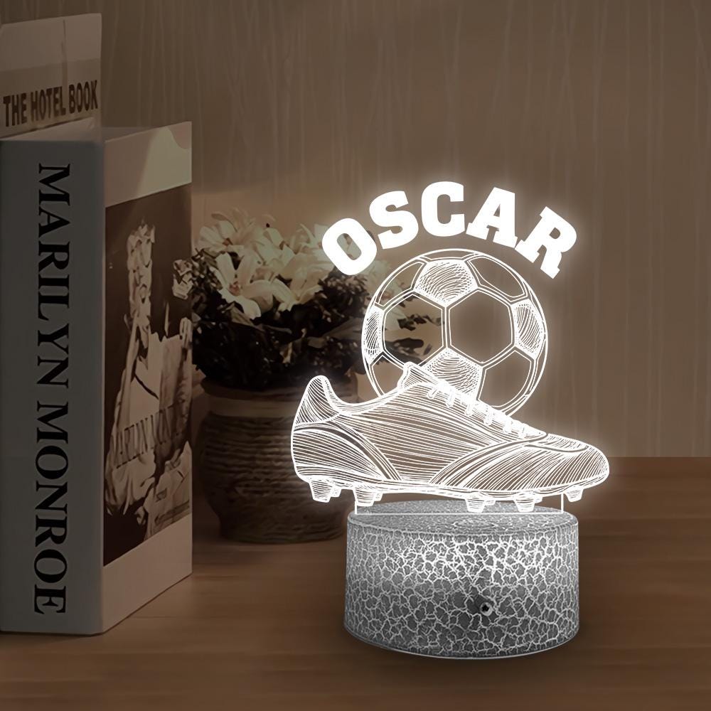 Custom Acrylic LED Night Light with Wood Base – Soccer Boot & Ball Design image 1