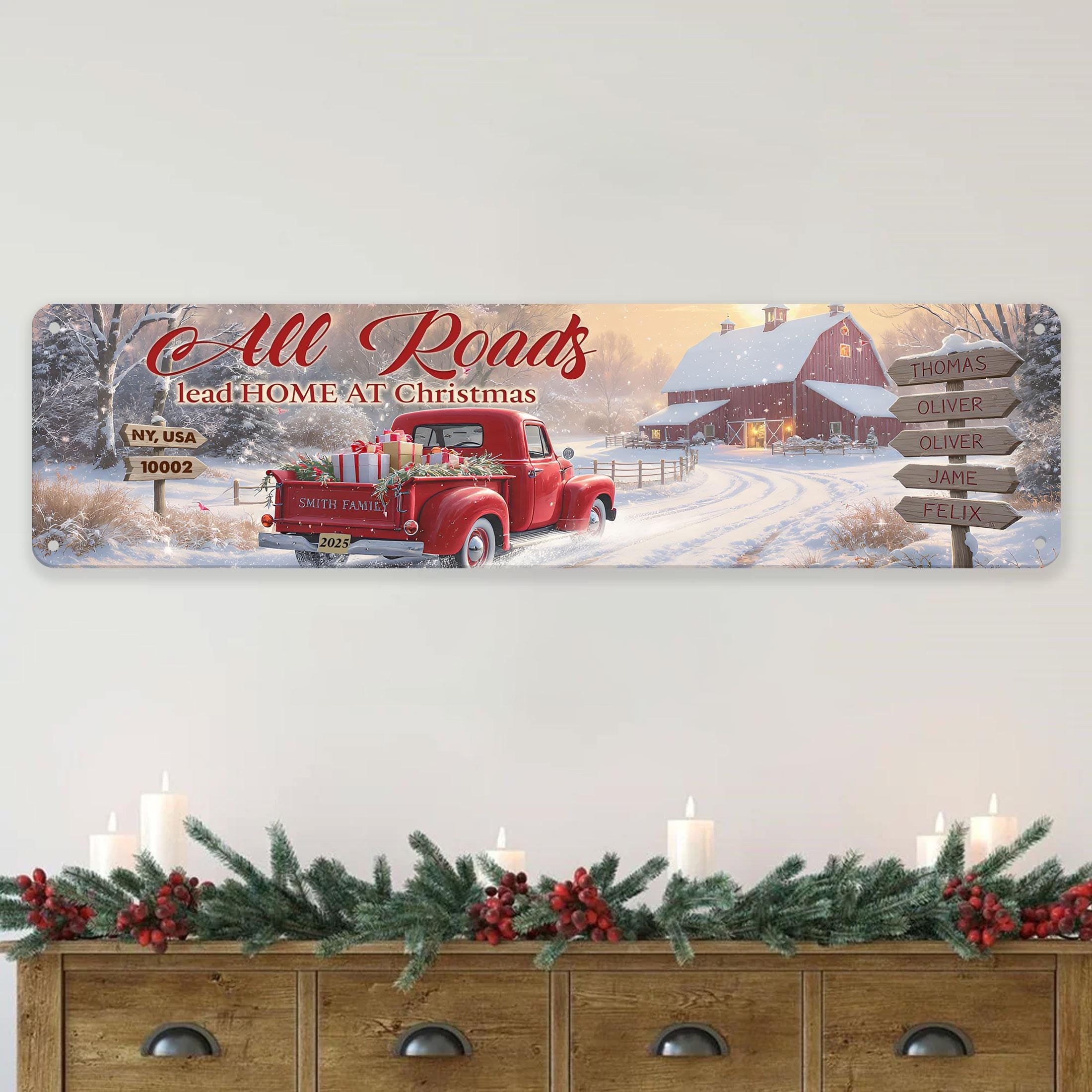 Custom Rectangle Metal Sign: All Roads Lead Home at Christmas, Family Name Holiday Decor image 3
