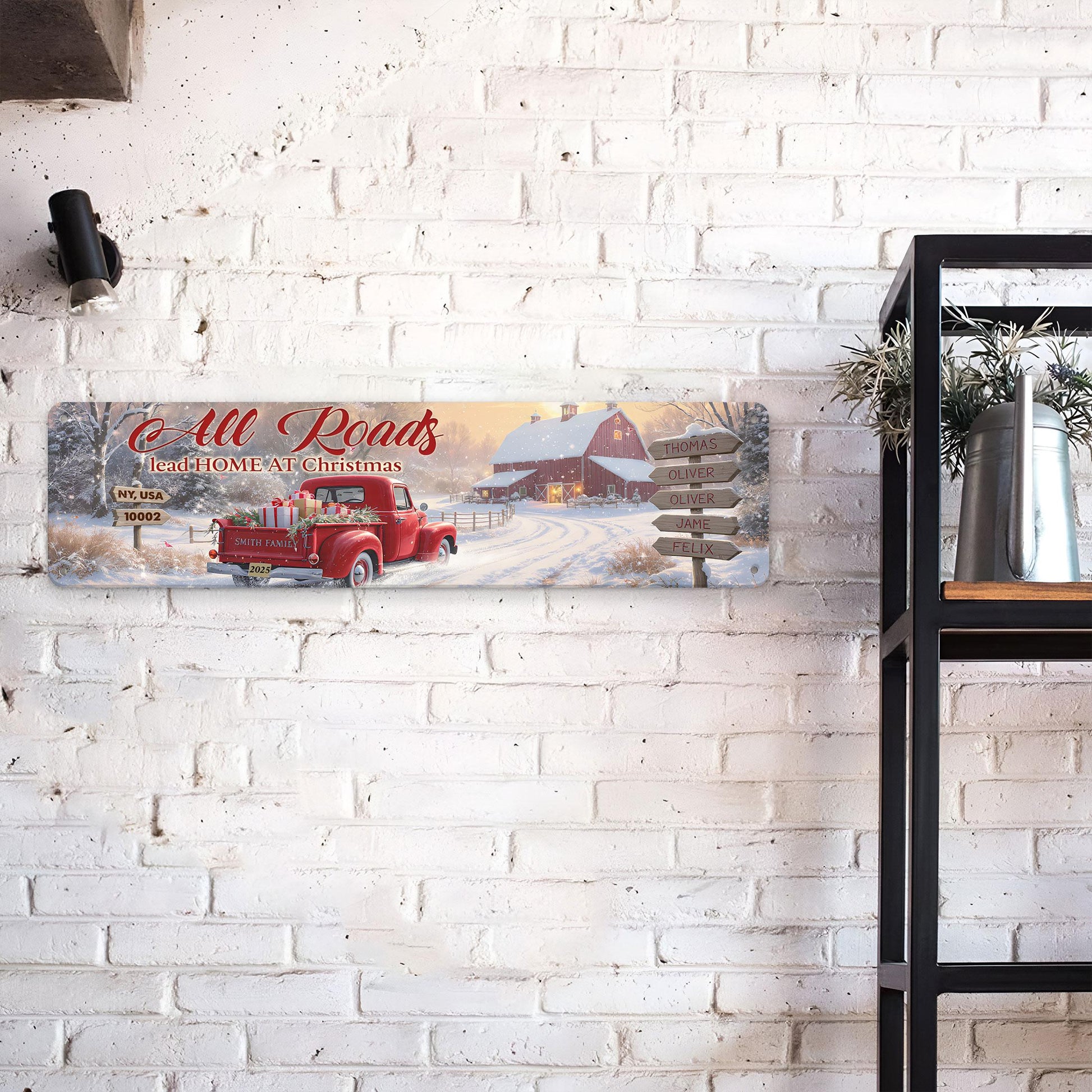 Custom Rectangle Metal Sign: All Roads Lead Home at Christmas, Family Name Holiday Decor image 4
