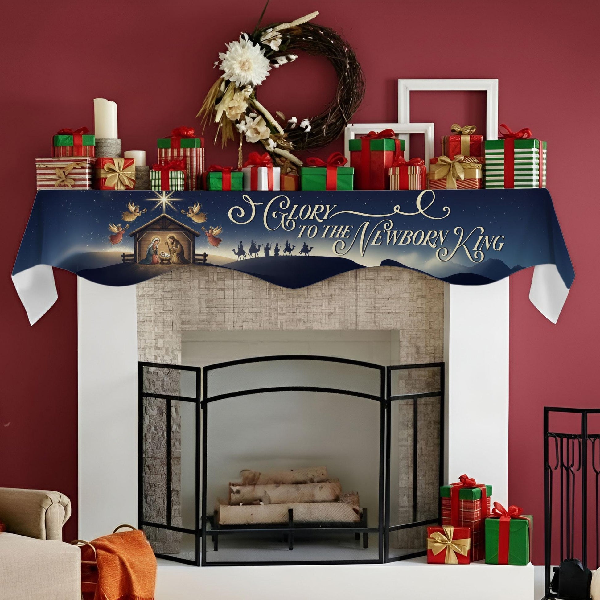 Nativity Mantel Scarf: Glory to the Newborn King, Christmas Night Fireplace Decor image 5