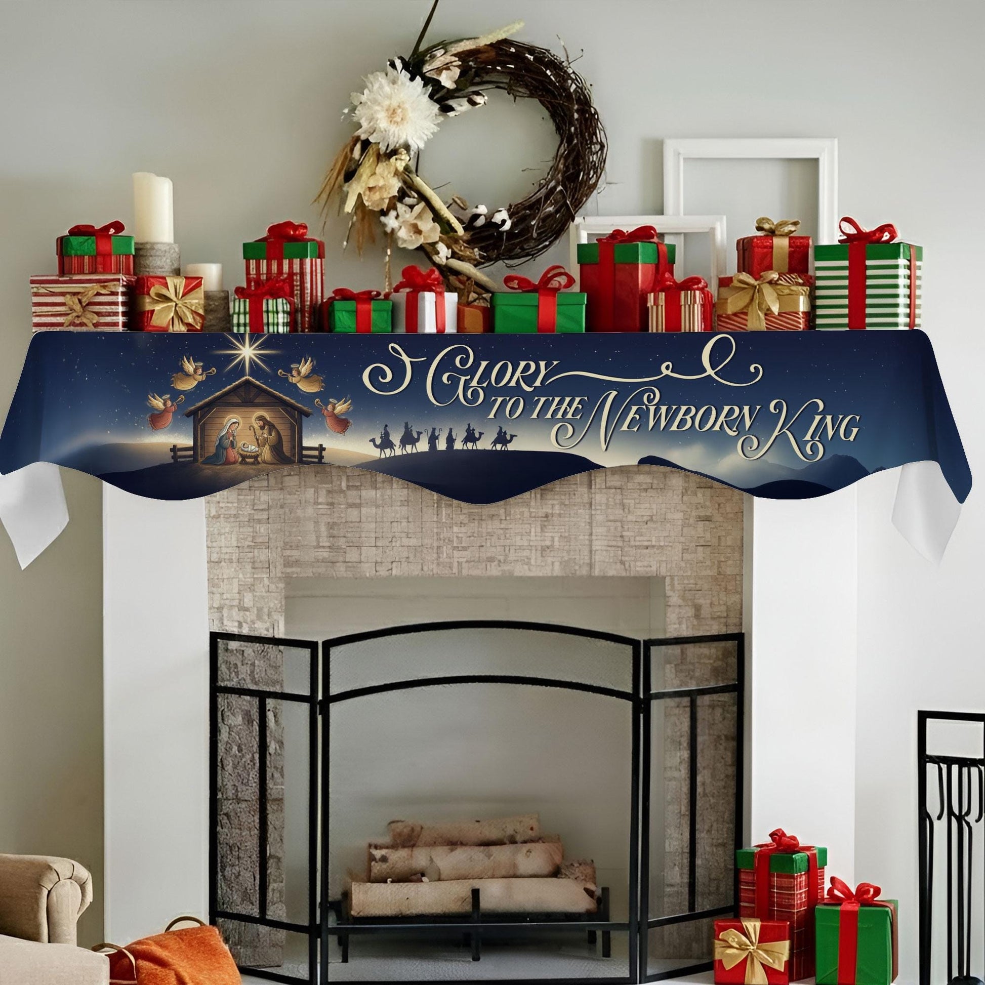 Nativity Mantel Scarf: Glory to the Newborn King, Christmas Night Fireplace Decor image 1