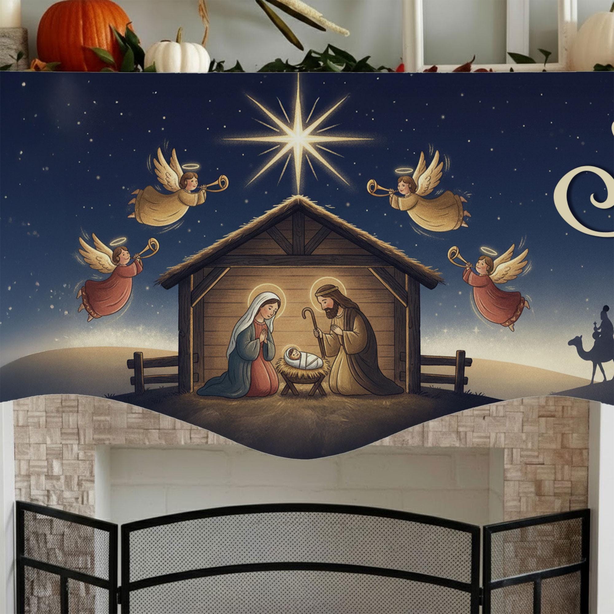 Nativity Mantel Scarf: Glory to the Newborn King, Christmas Night Fireplace Decor image 2