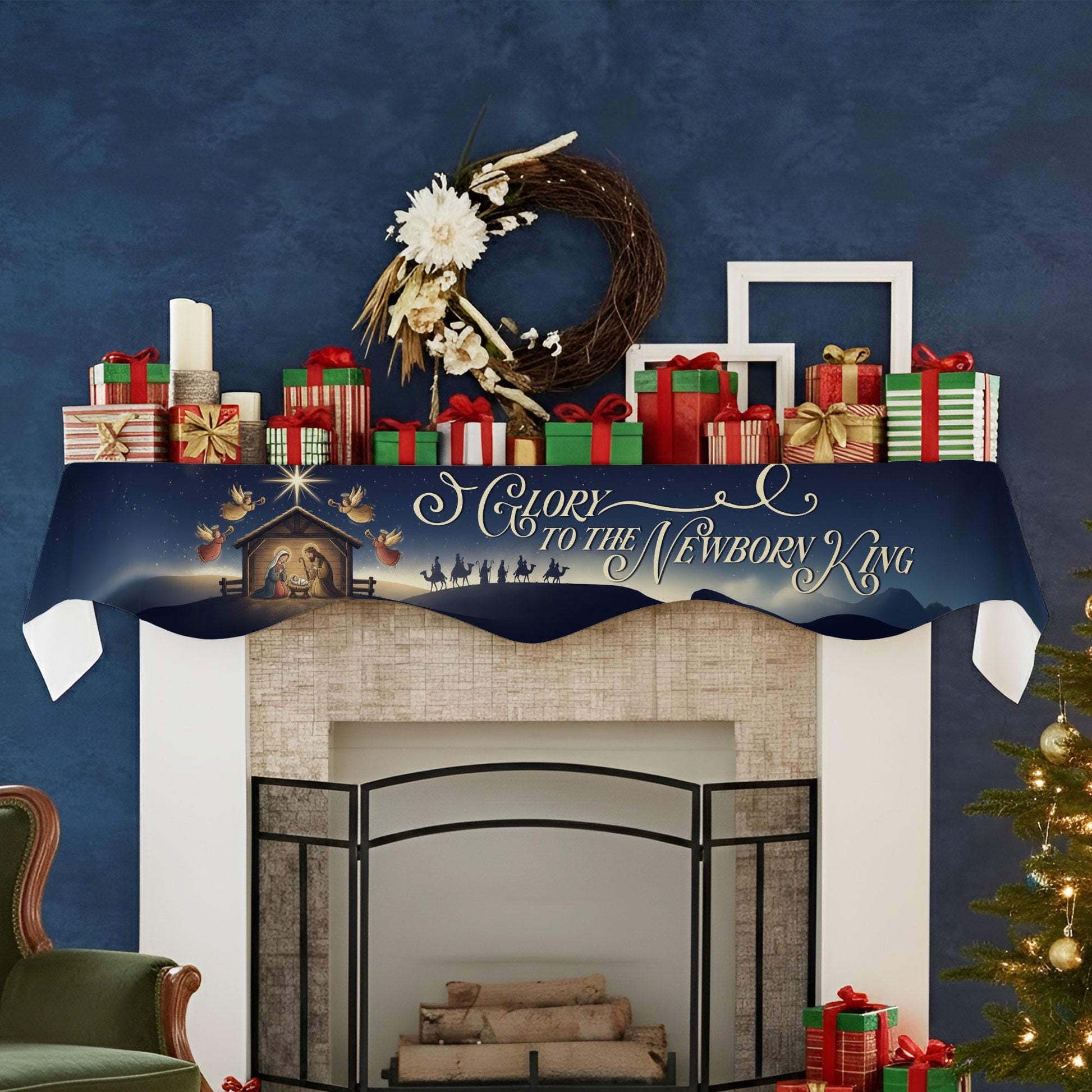 Nativity Mantel Scarf: Glory to the Newborn King, Christmas Night Fireplace Decor image 6