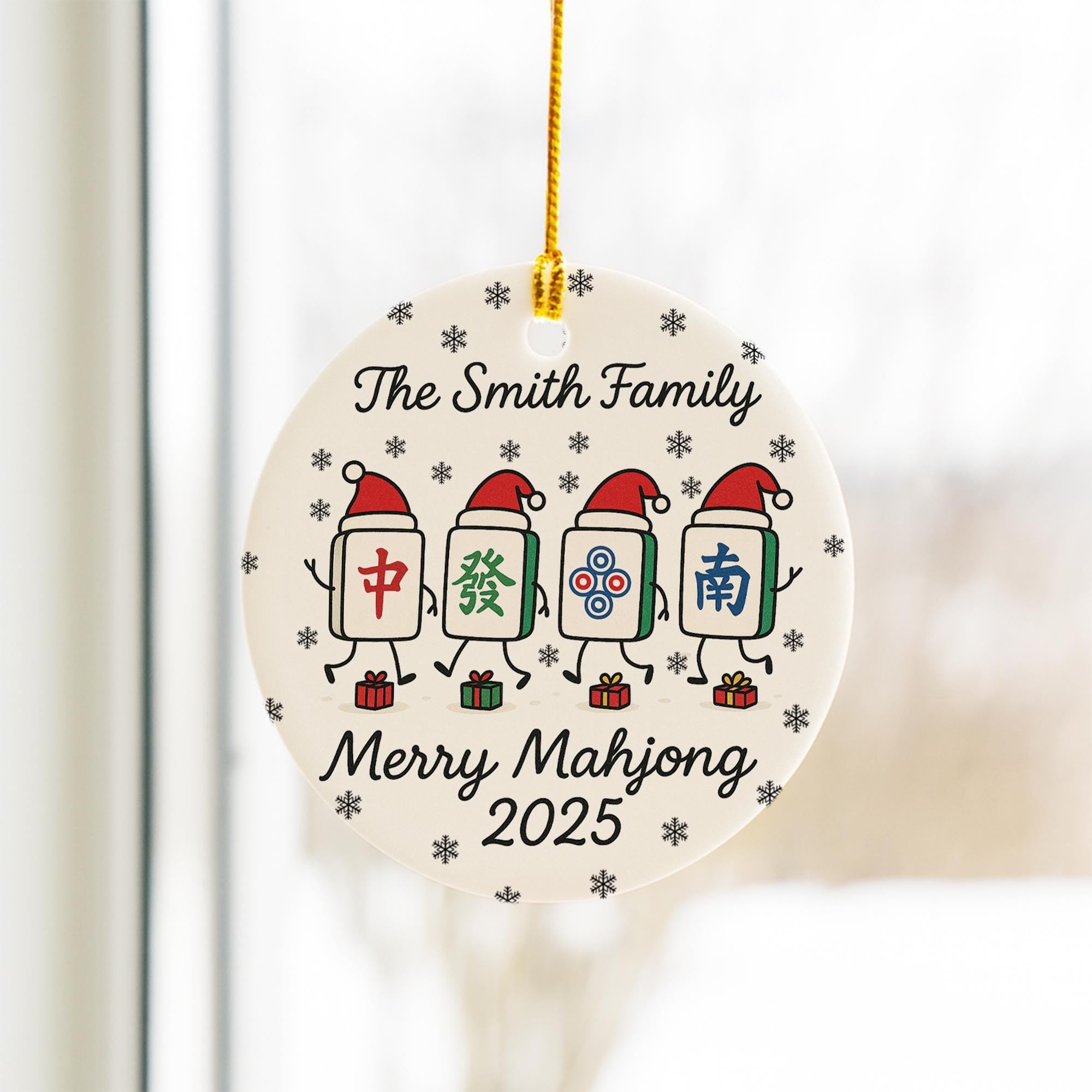 Personalized Mahjong Tile Ornament — Family Name, Year, Snowflake Design
