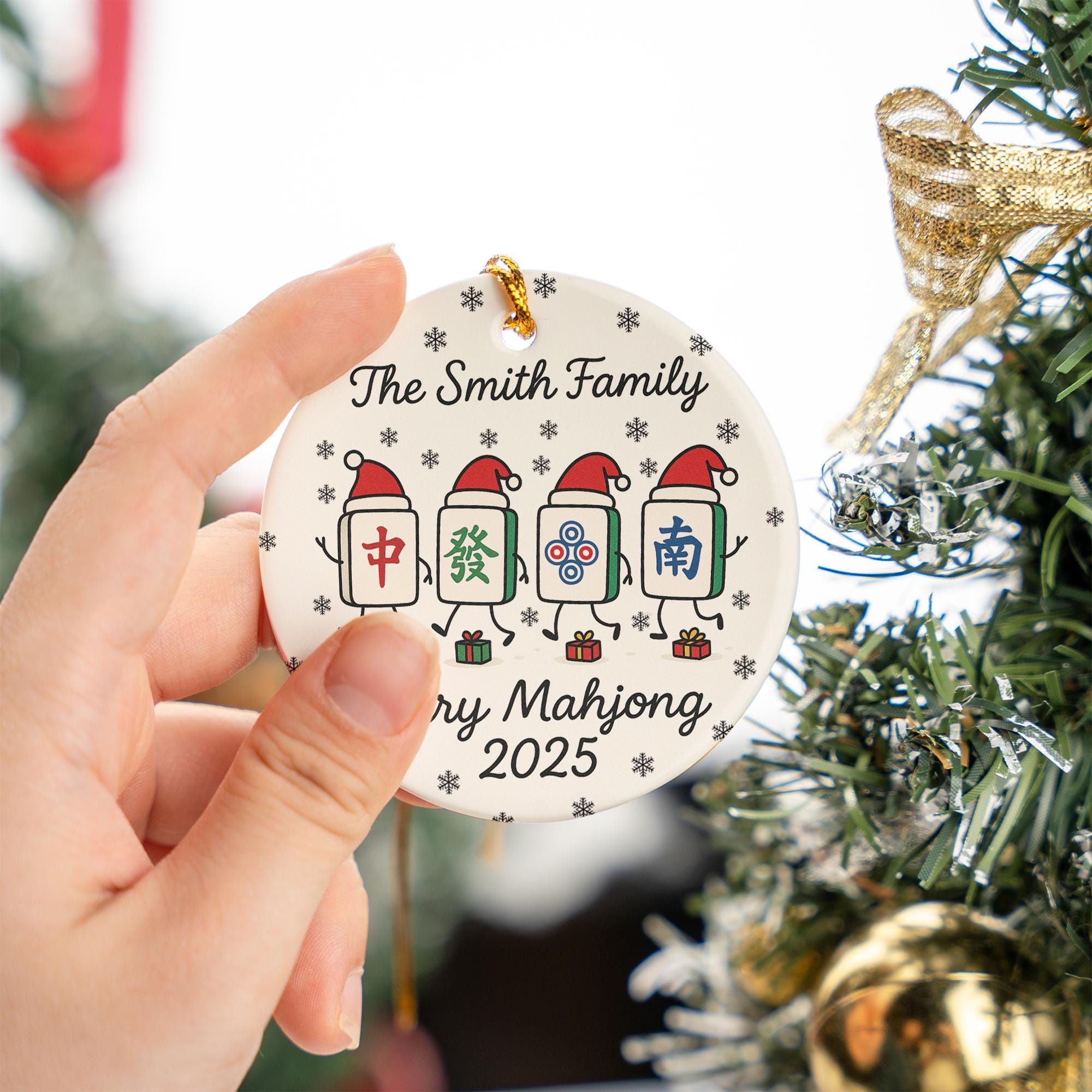 Personalized Mahjong Tile Ornament — Family Name, Year, Snowflake Design