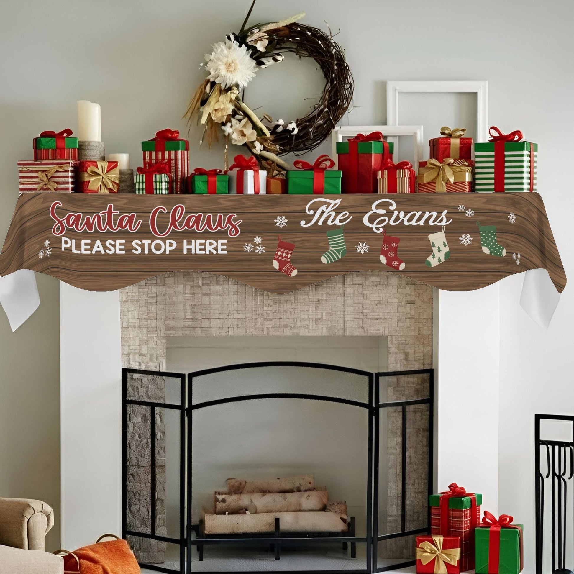 Custom Fireplace Mantel Scarf: Santa Claus Please Stop Here, Family Name Christmas Decor image 1