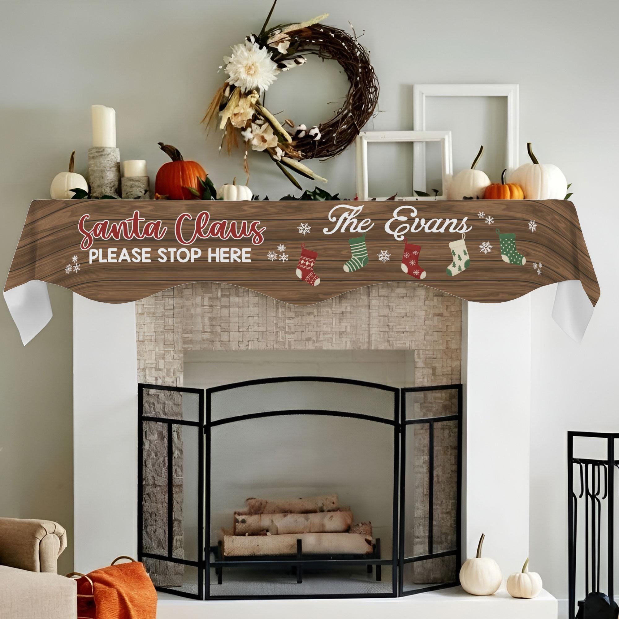 Custom Fireplace Mantel Scarf: Santa Claus Please Stop Here, Family Name Christmas Decor image 5