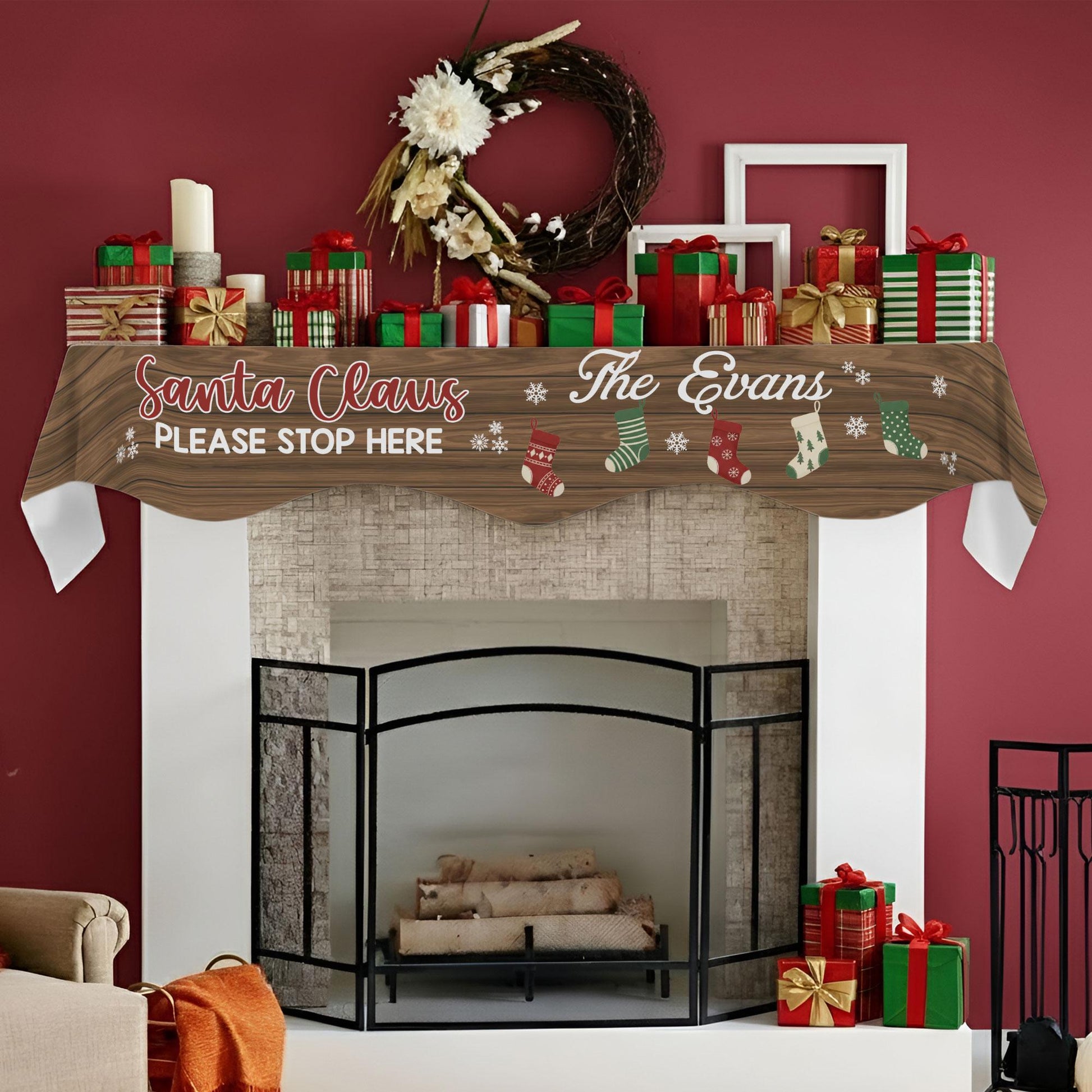 Custom Fireplace Mantel Scarf: Santa Claus Please Stop Here, Family Name Christmas Decor image 3