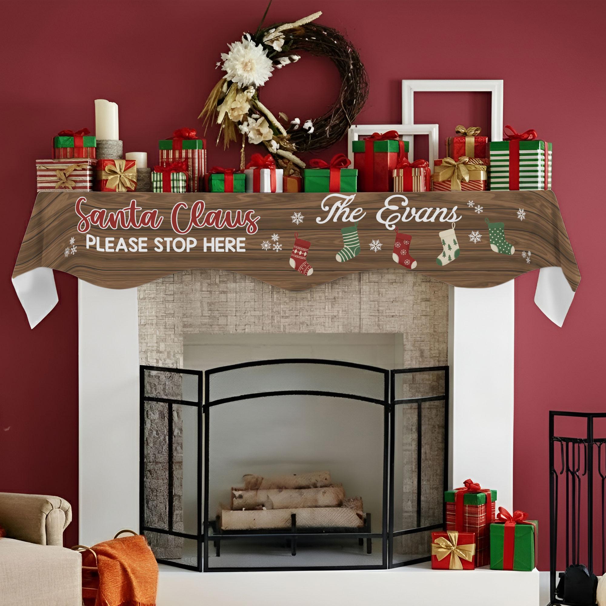 Custom Fireplace Mantel Scarf: Santa Claus Please Stop Here, Family Name Christmas Decor image 3