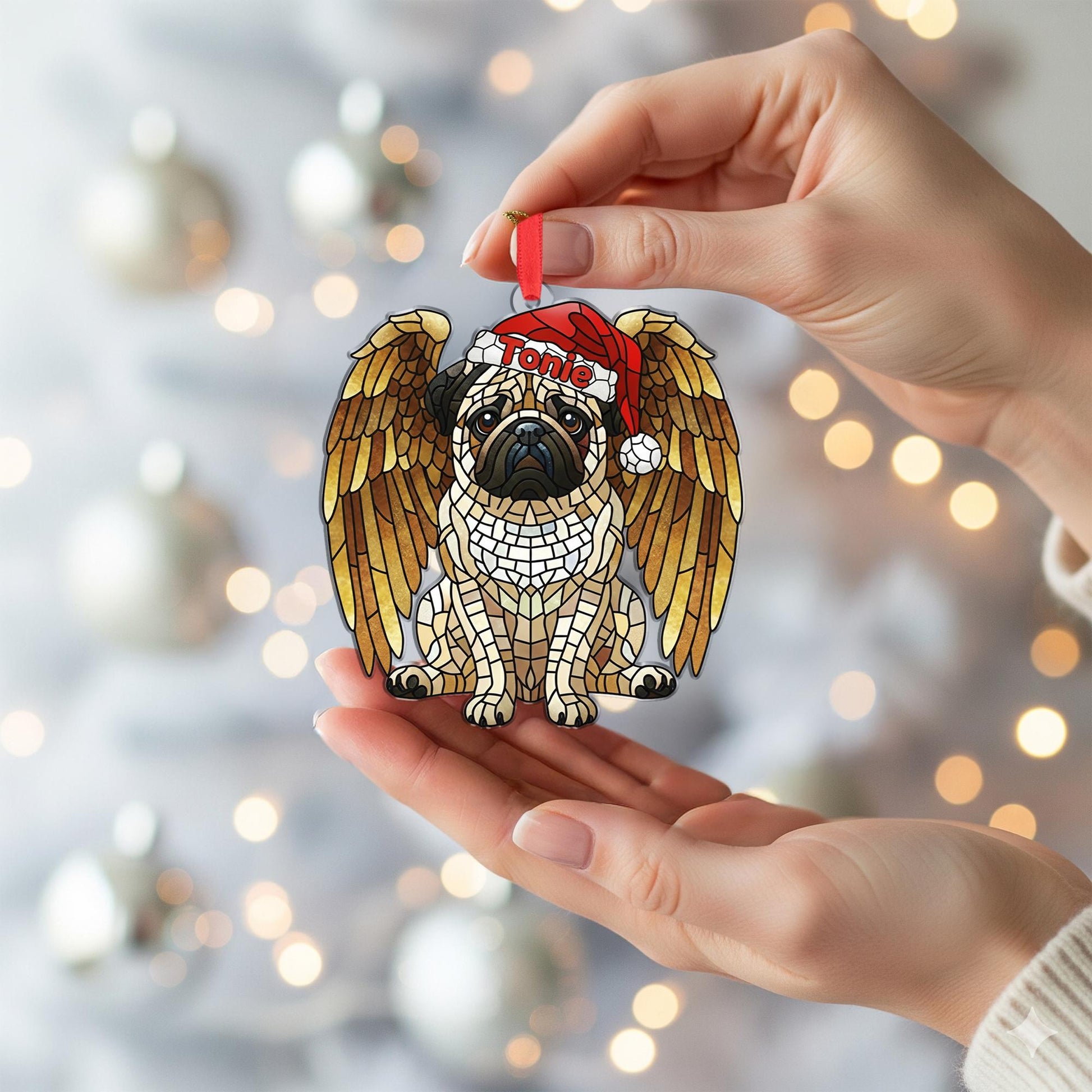 Personalized Pug Angel Wings Mosaic Christmas Ornament — Hanging Pet Memorial Decoration