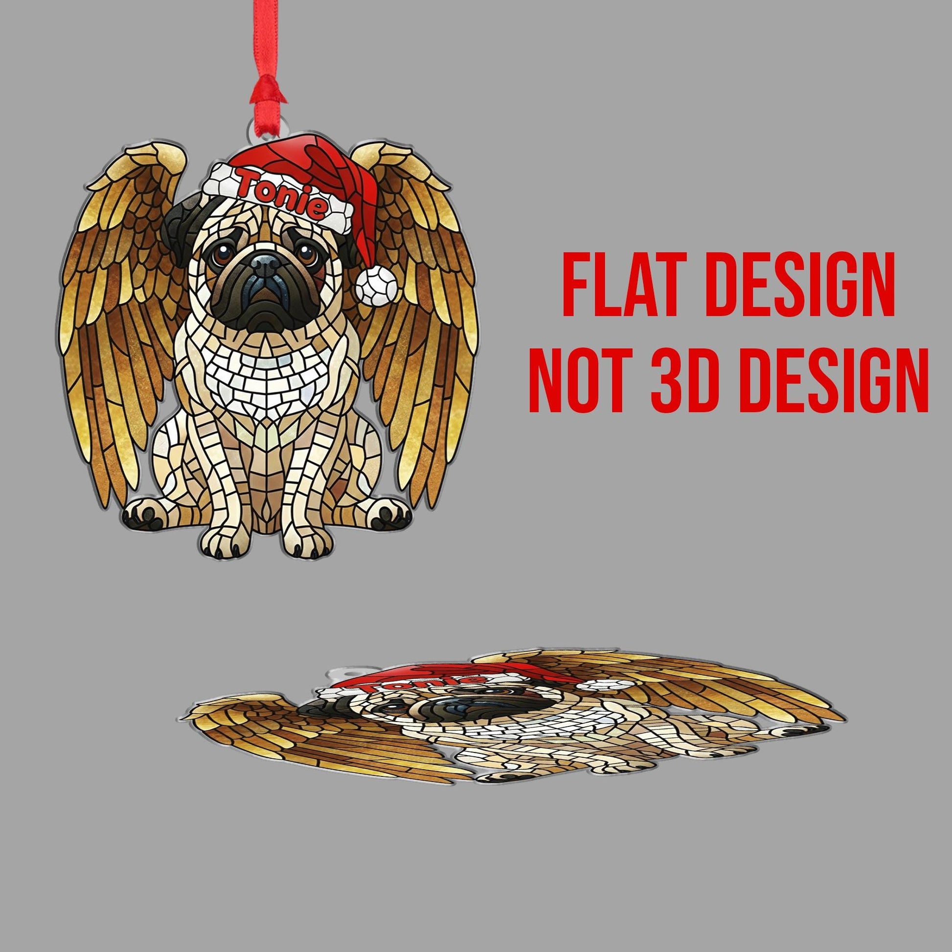 Personalized Pug Angel Wings Mosaic Christmas Ornament — Hanging Pet Memorial Decoration
