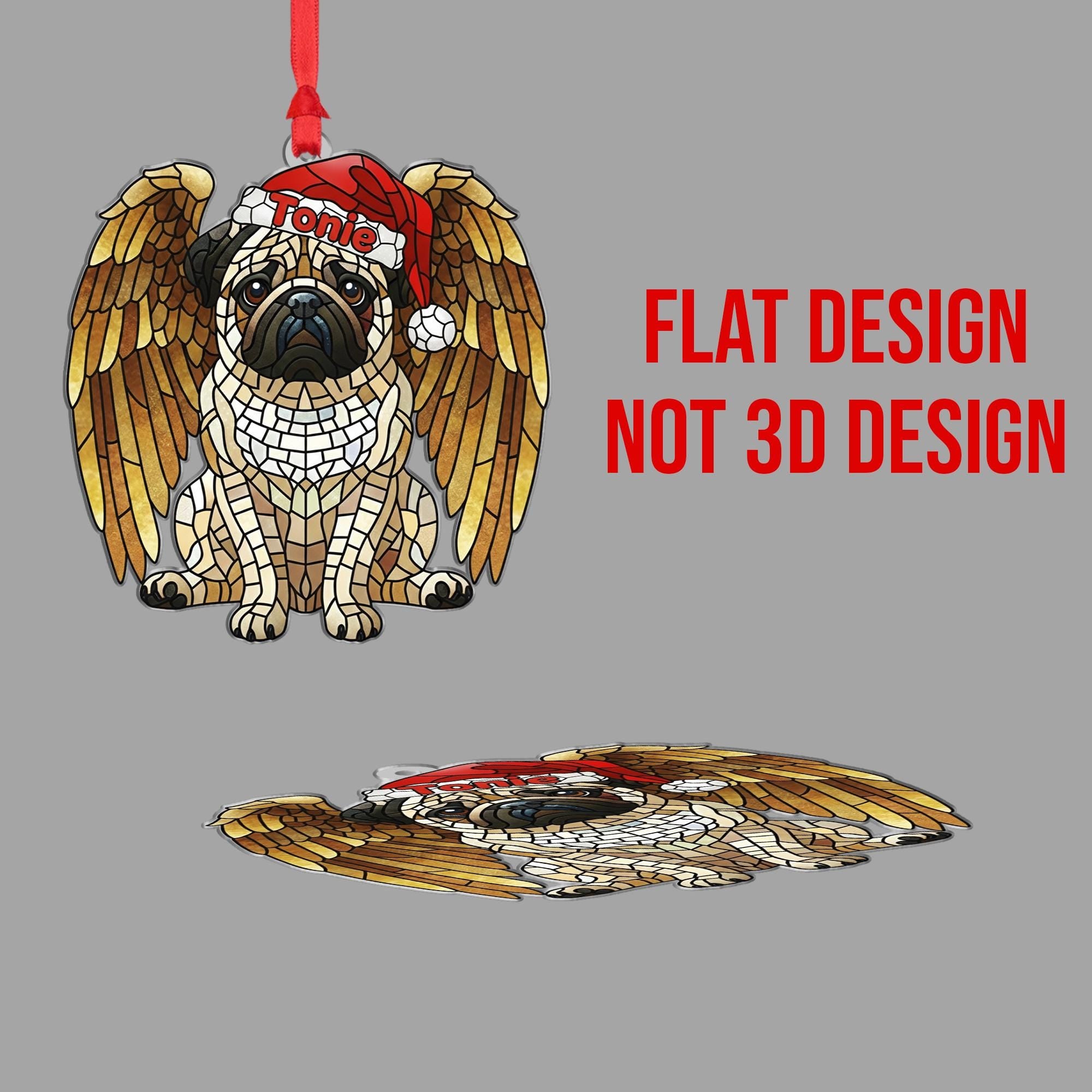 Personalized Pug Angel Wings Mosaic Christmas Ornament — Hanging Pet Memorial Decoration
