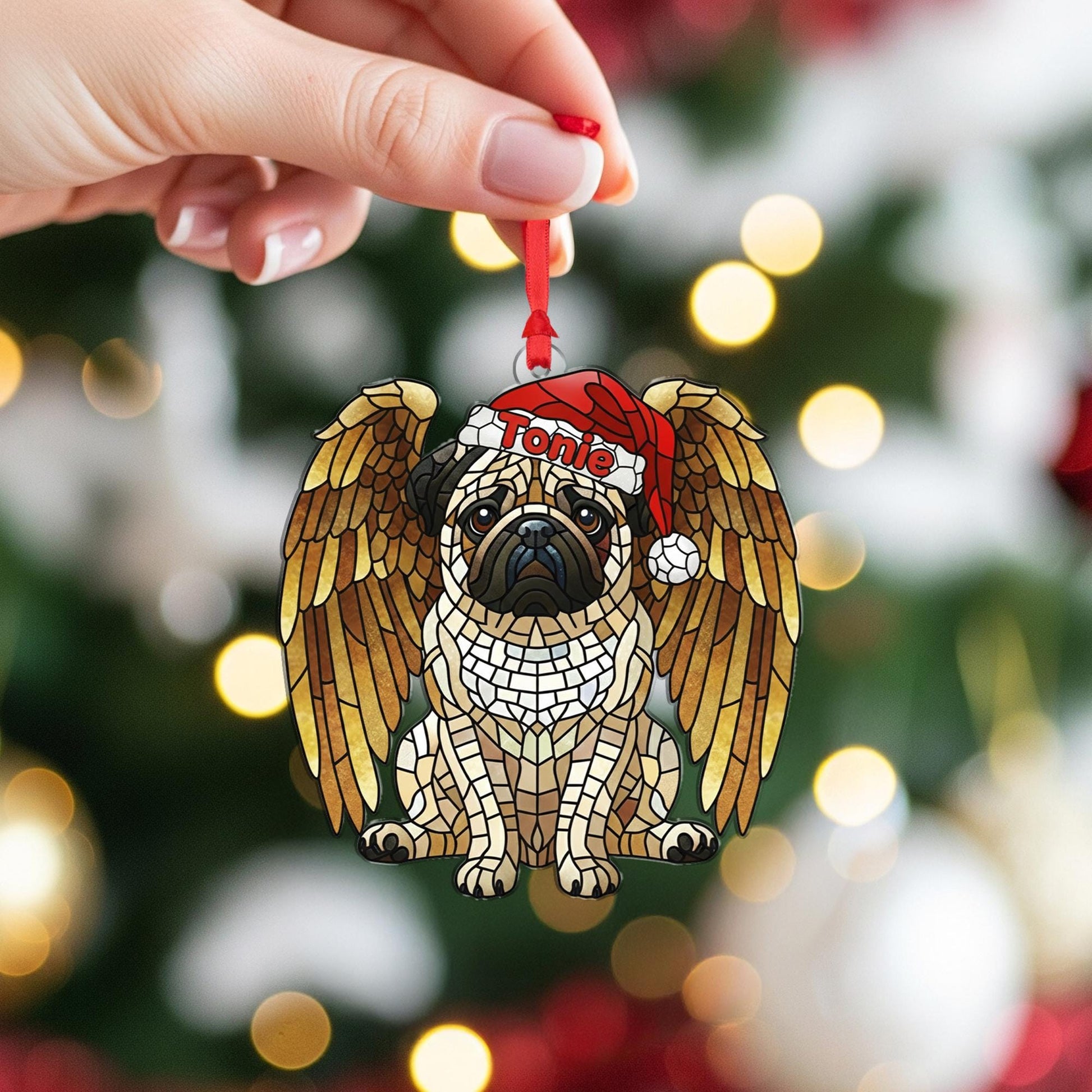 Personalized Pug Angel Wings Mosaic Christmas Ornament — Hanging Pet Memorial Decoration