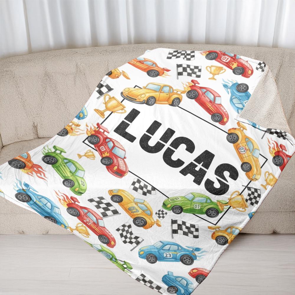 Custom Race Car Fleece Blanket, Personalized Kids Name Throw, Colorful Vehicle Print Bedding