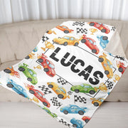 Custom Race Car Fleece Blanket, Personalized Kids Name Throw, Colorful Vehicle Print Bedding
