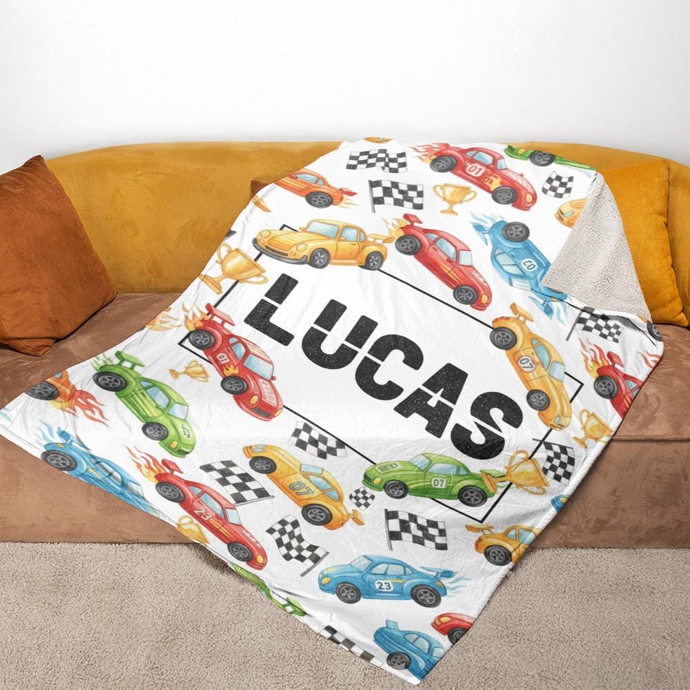 Custom Race Car Fleece Blanket, Personalized Kids Name Throw, Colorful Vehicle Print Bedding