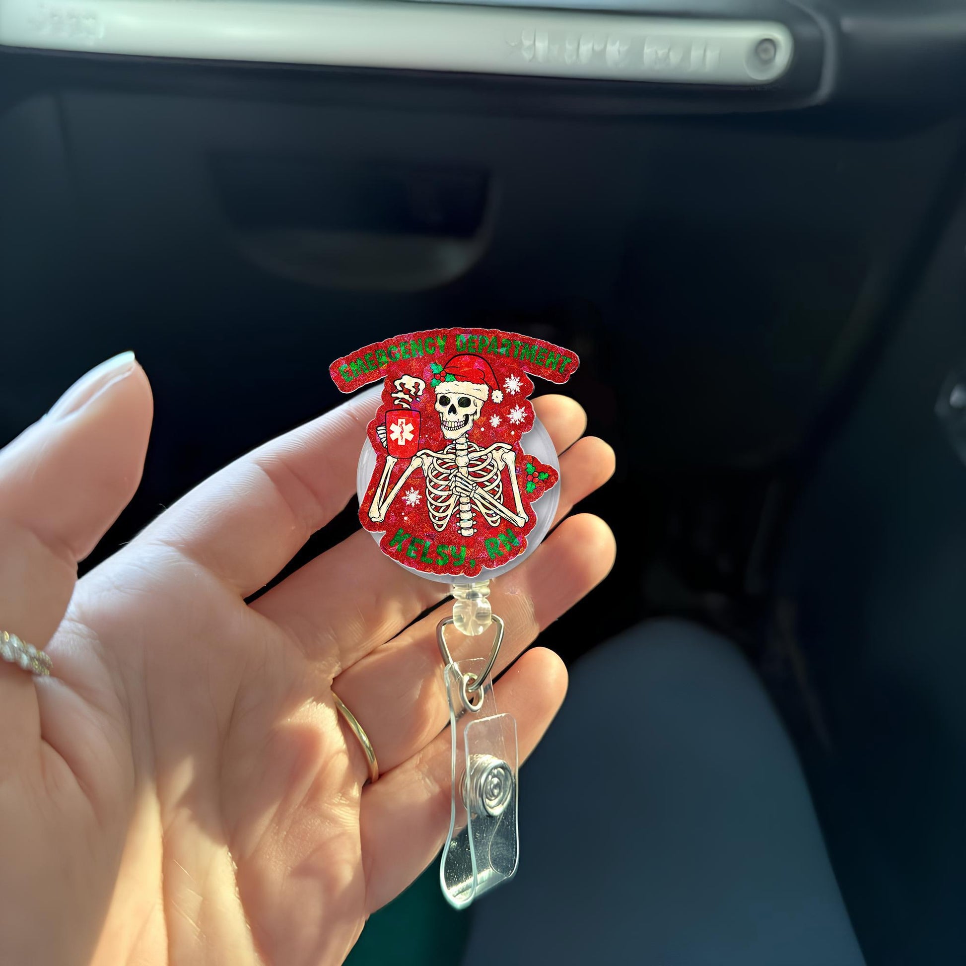 Personalized Skeleton Holiday Badge Reel | Emergency Dept Christmas ID Holder