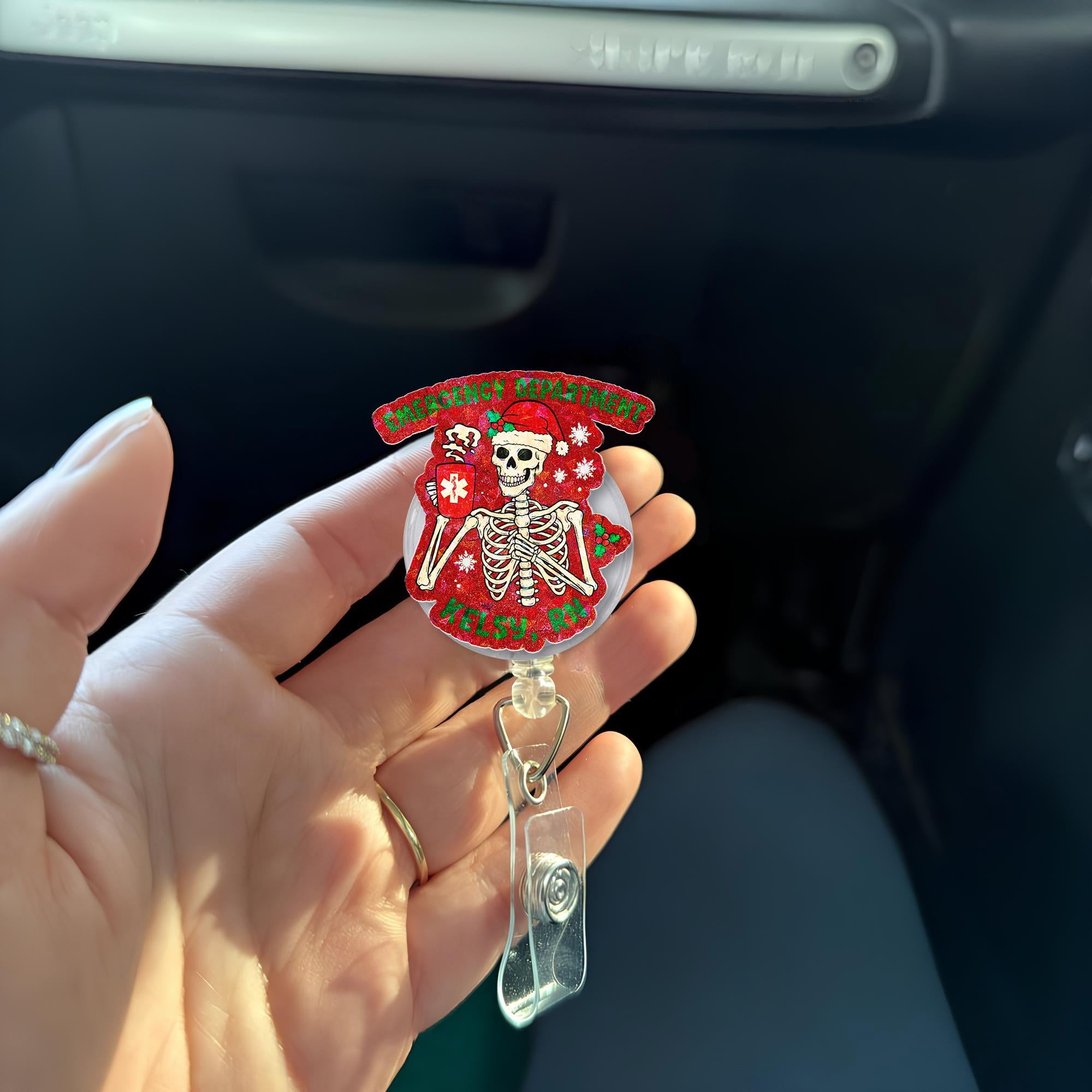 Personalized Skeleton Holiday Badge Reel | Emergency Dept Christmas ID Holder