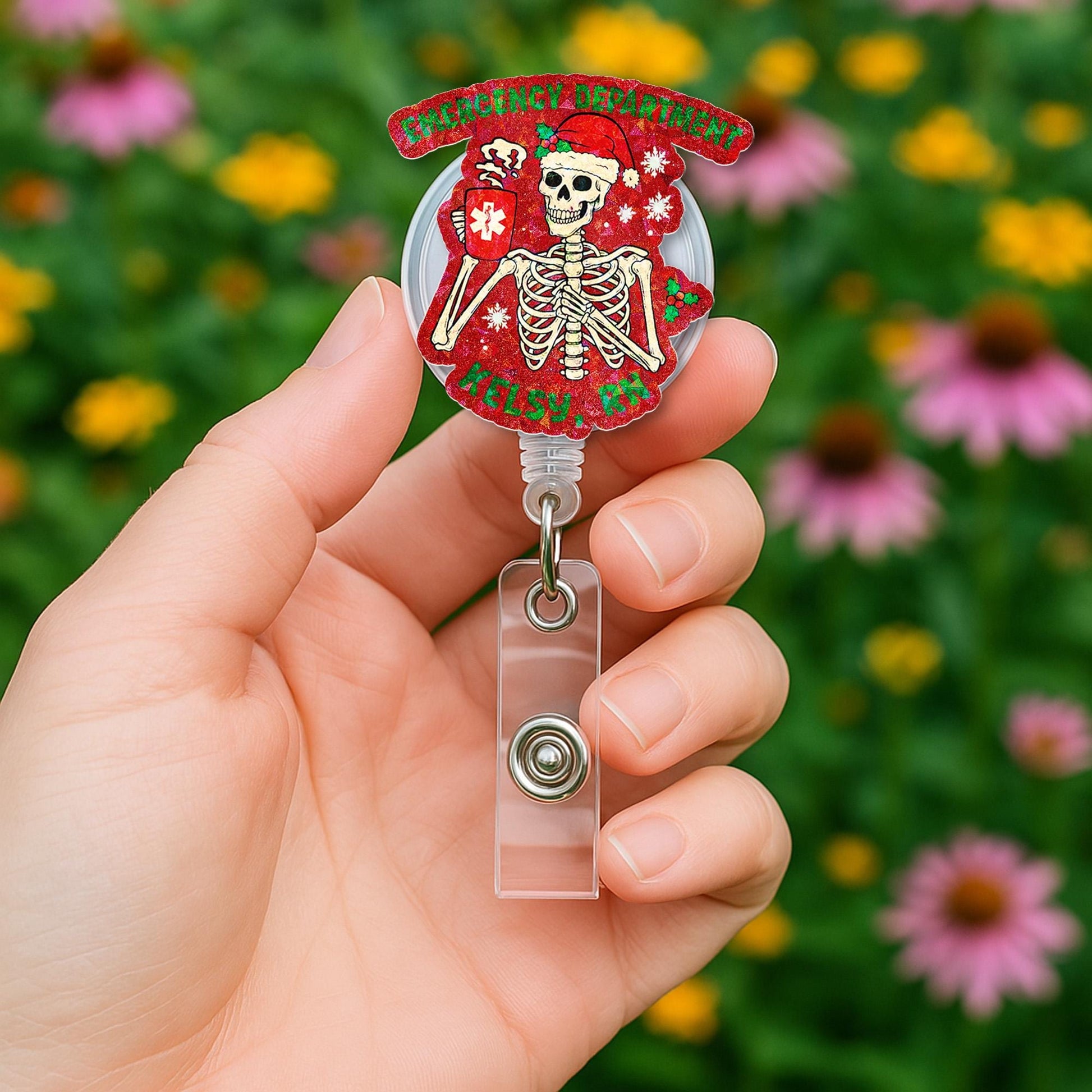 Personalized Skeleton Holiday Badge Reel | Emergency Dept Christmas ID Holder