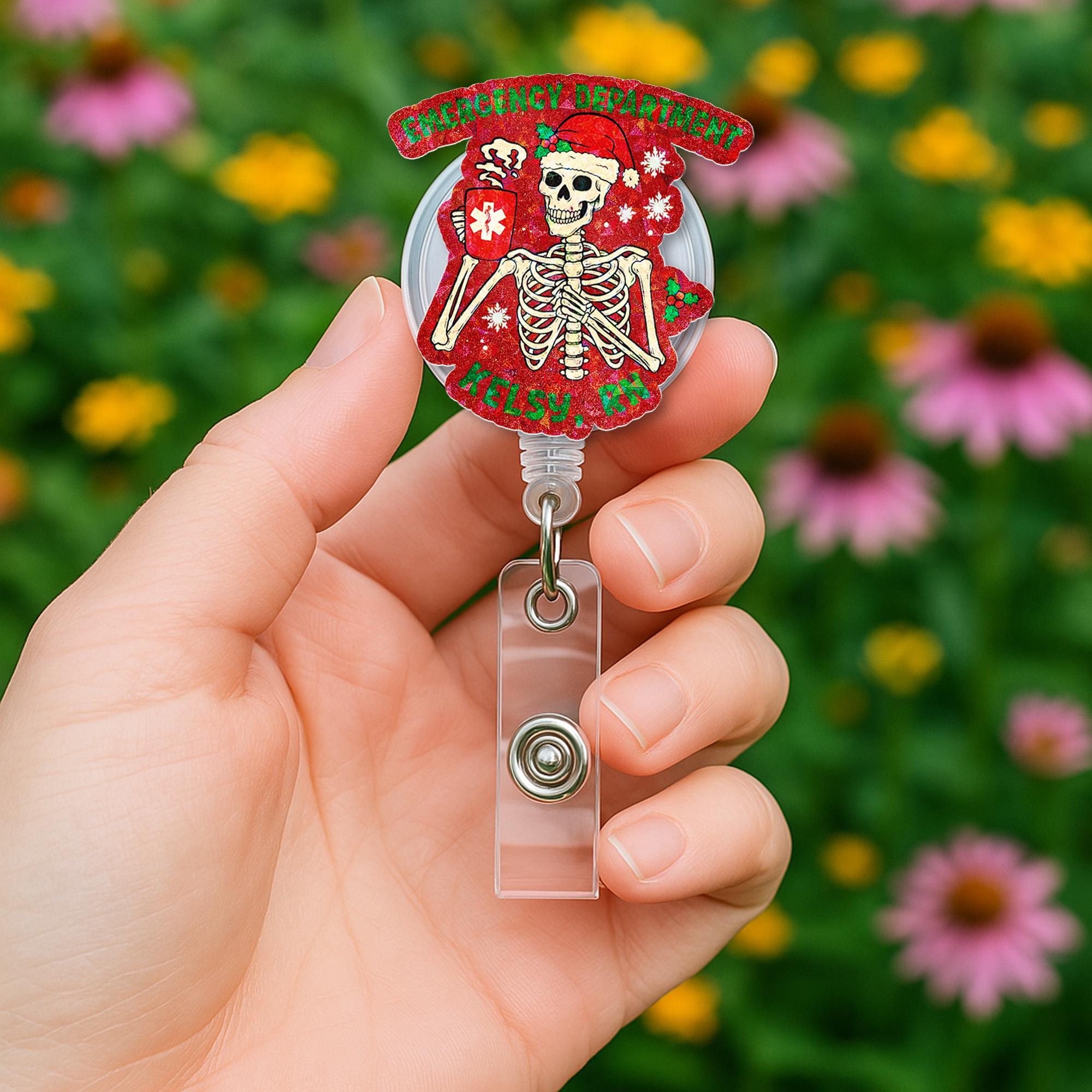 Personalized Skeleton Holiday Badge Reel | Emergency Dept Christmas ID Holder