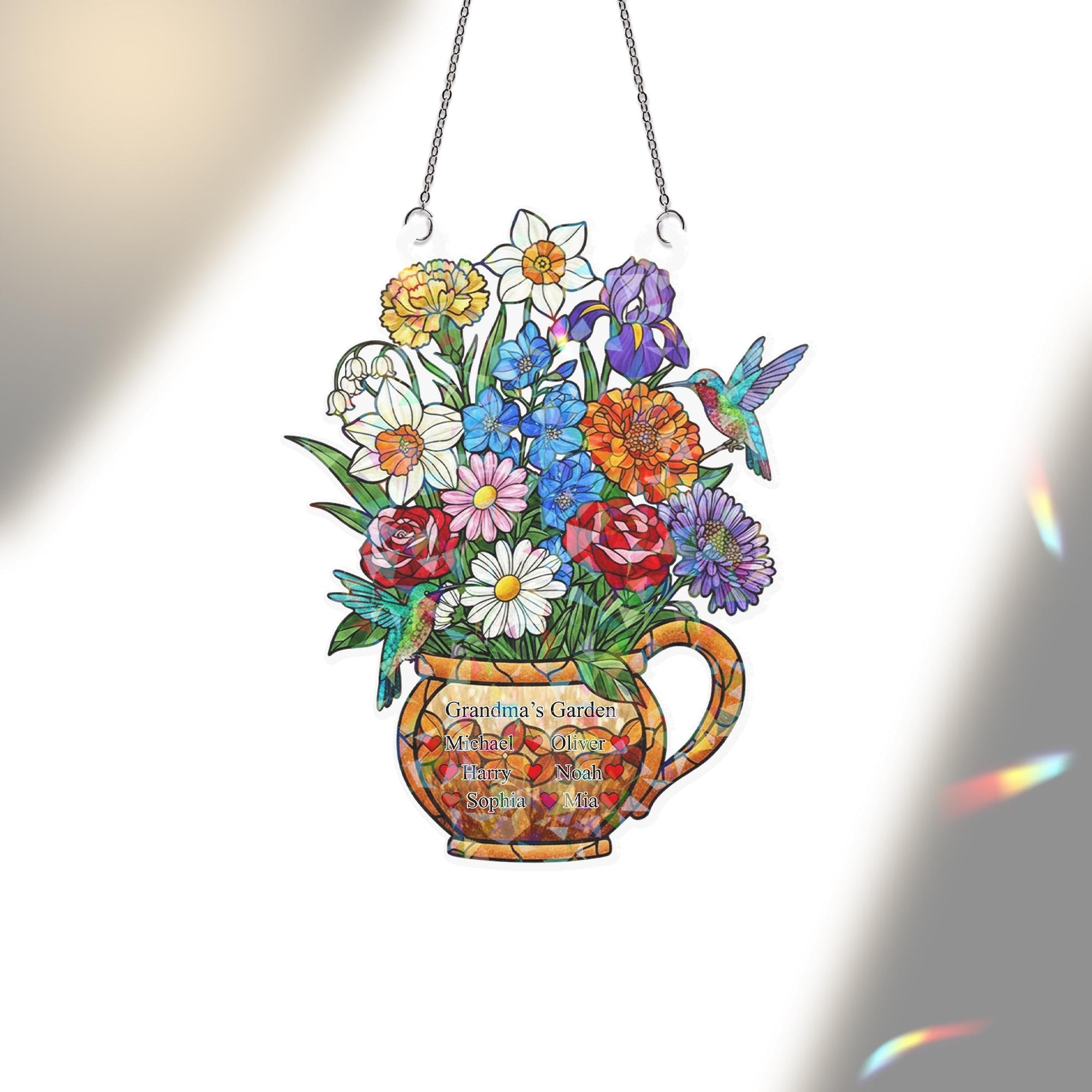 Custom Birth Flower Acrylic Window Hanging Holographic Family Garden Decor