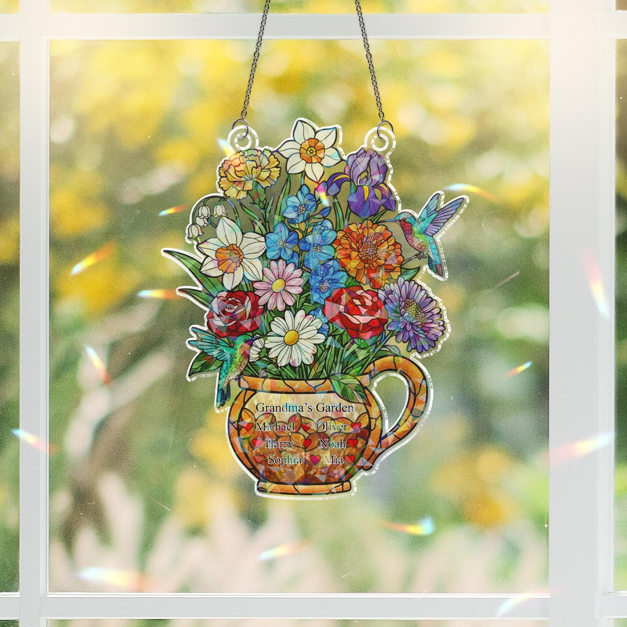 Custom Birth Flower Acrylic Window Hanging Holographic Family Garden Decor