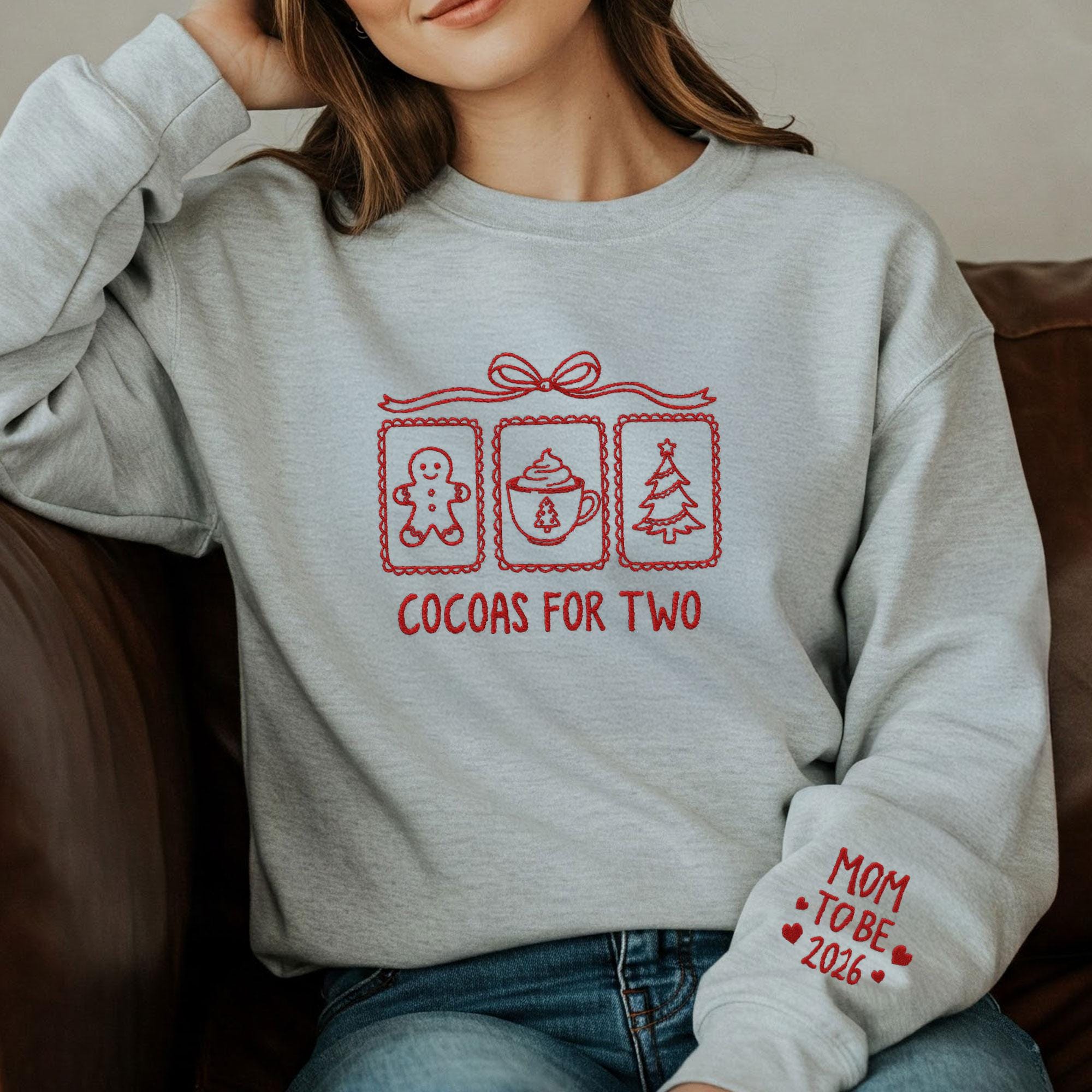 Pregnancy Sweatshirt: Cocoas for Two Embroidered Pullover, Mom-to-Be 2026 Maternity Holiday Apparel