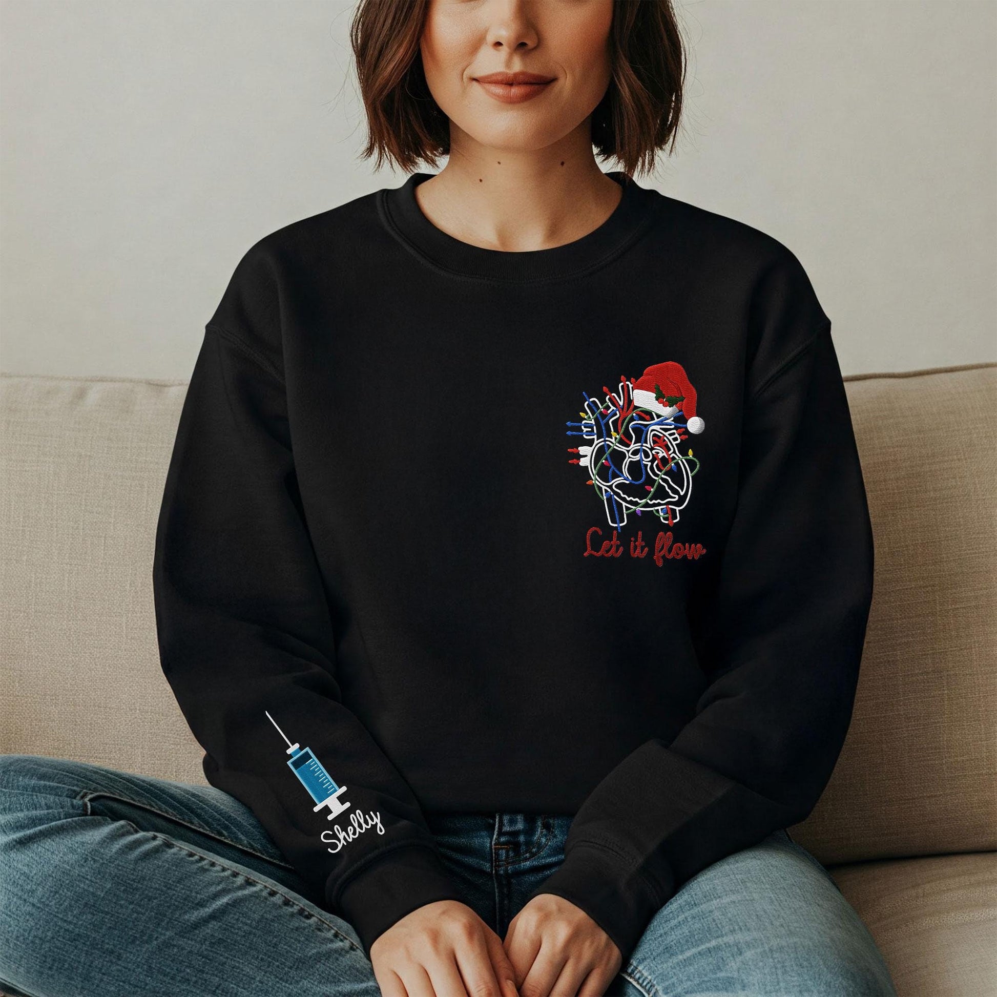 Embroidered Heart Anatomy Nurse Sweatshirt: Medical Christmas Pullover