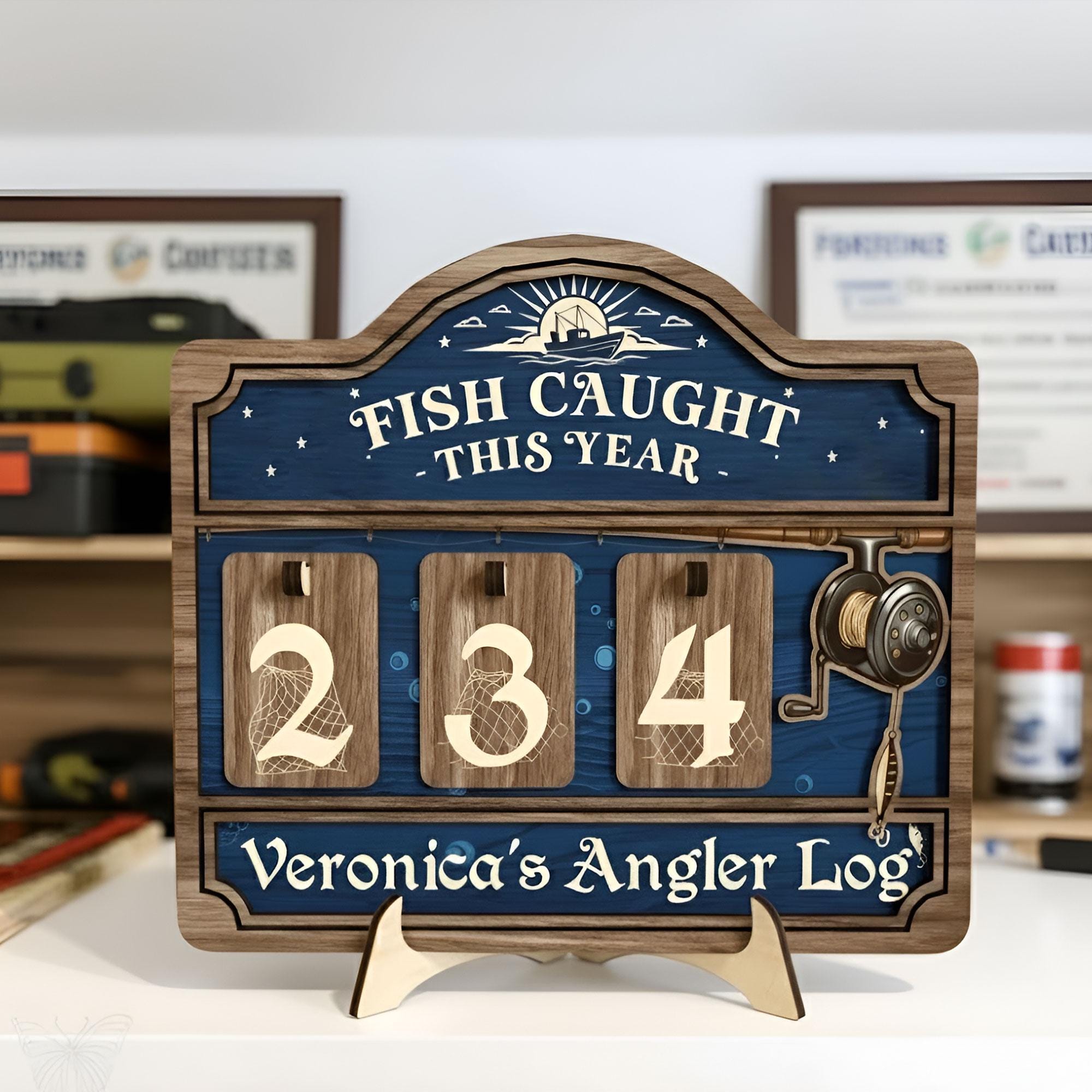 Personalized Fisher Tracker Sign: Fish Caught This Year Counter, Angler Log Cabin Decor