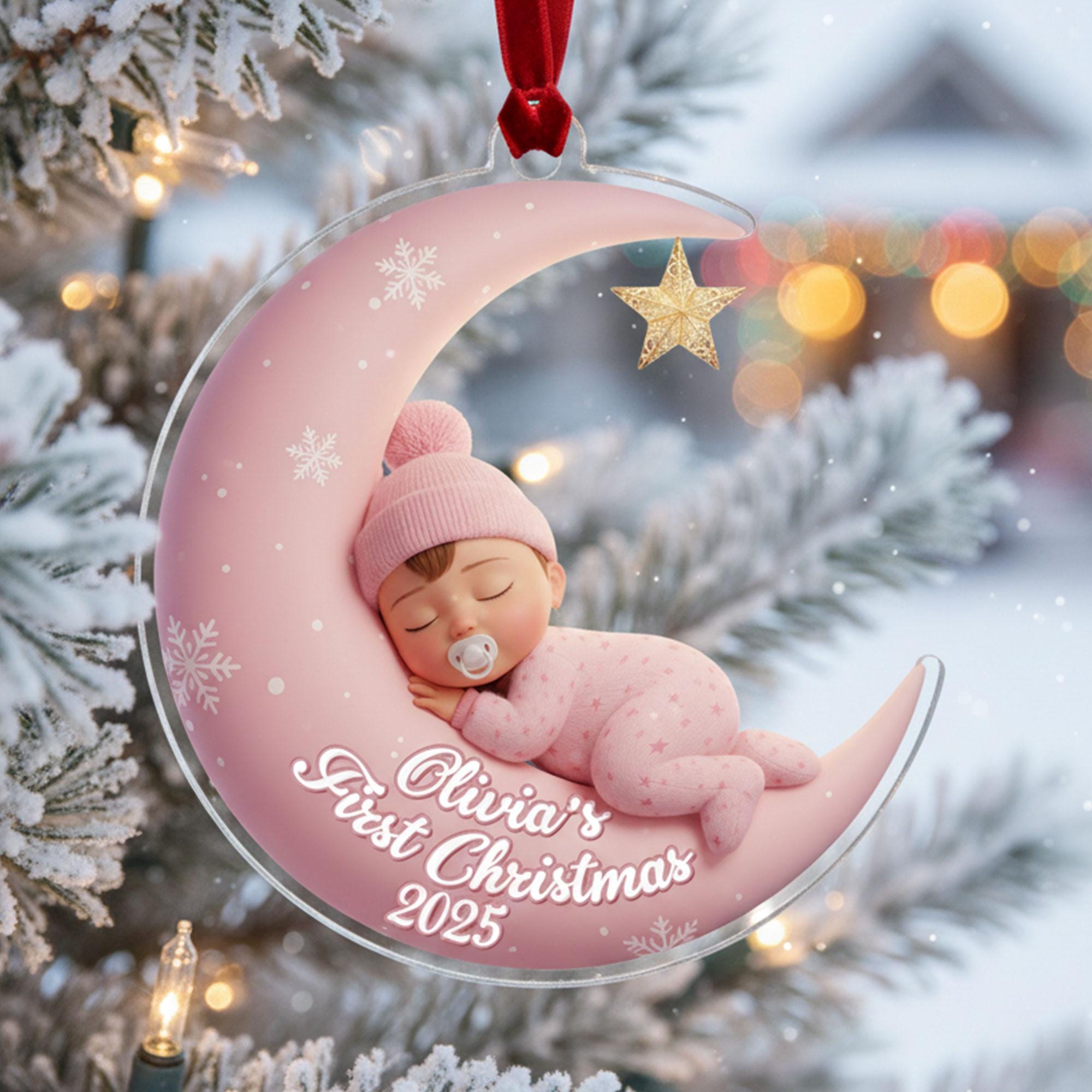 Custom Baby First Christmas Ornament: Personalized Crescent Moon Keepsake, Infant Holiday 2025 Newborn Gift