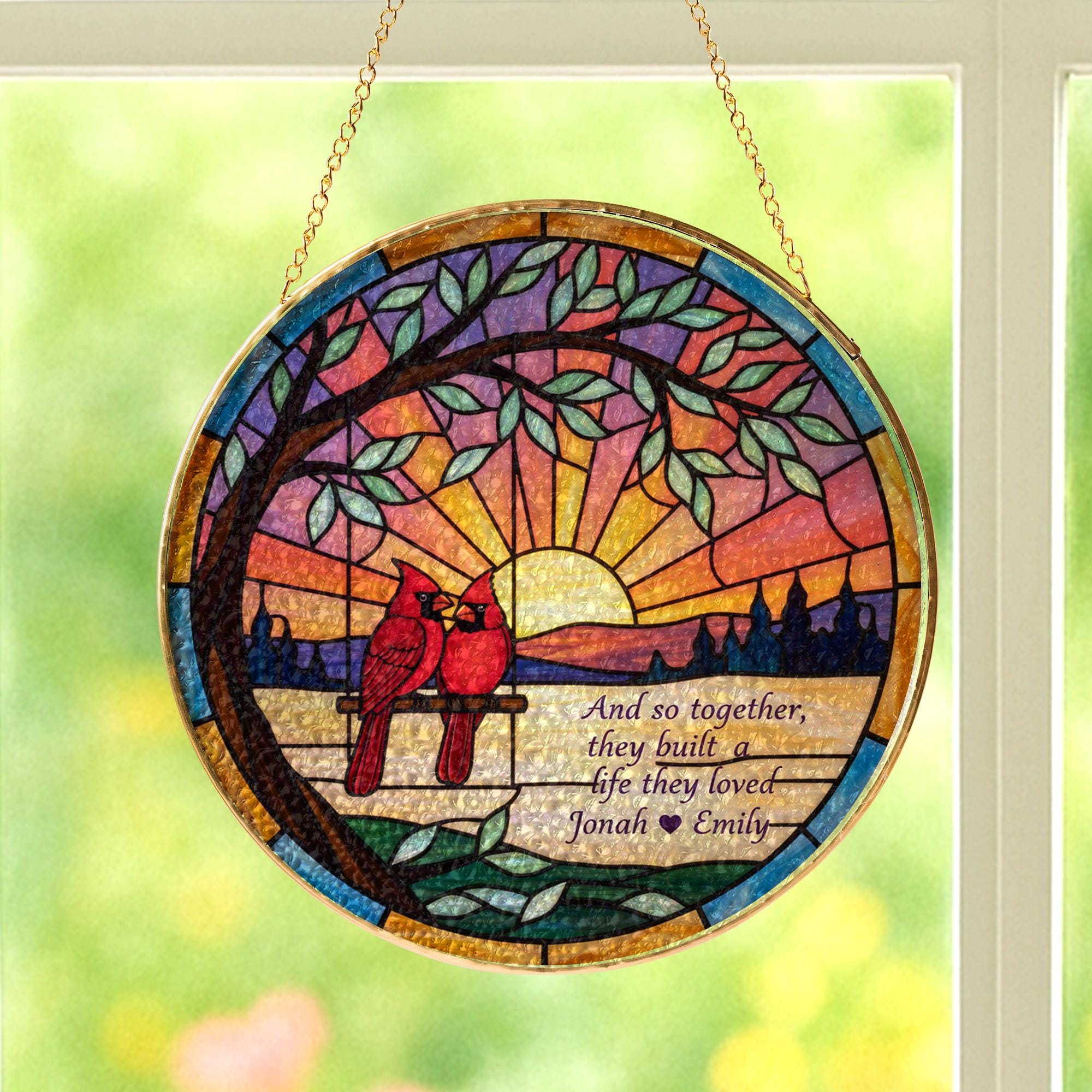 Custom Couple Glass Suncatcher: Cardinal Sunset Window Art image 1