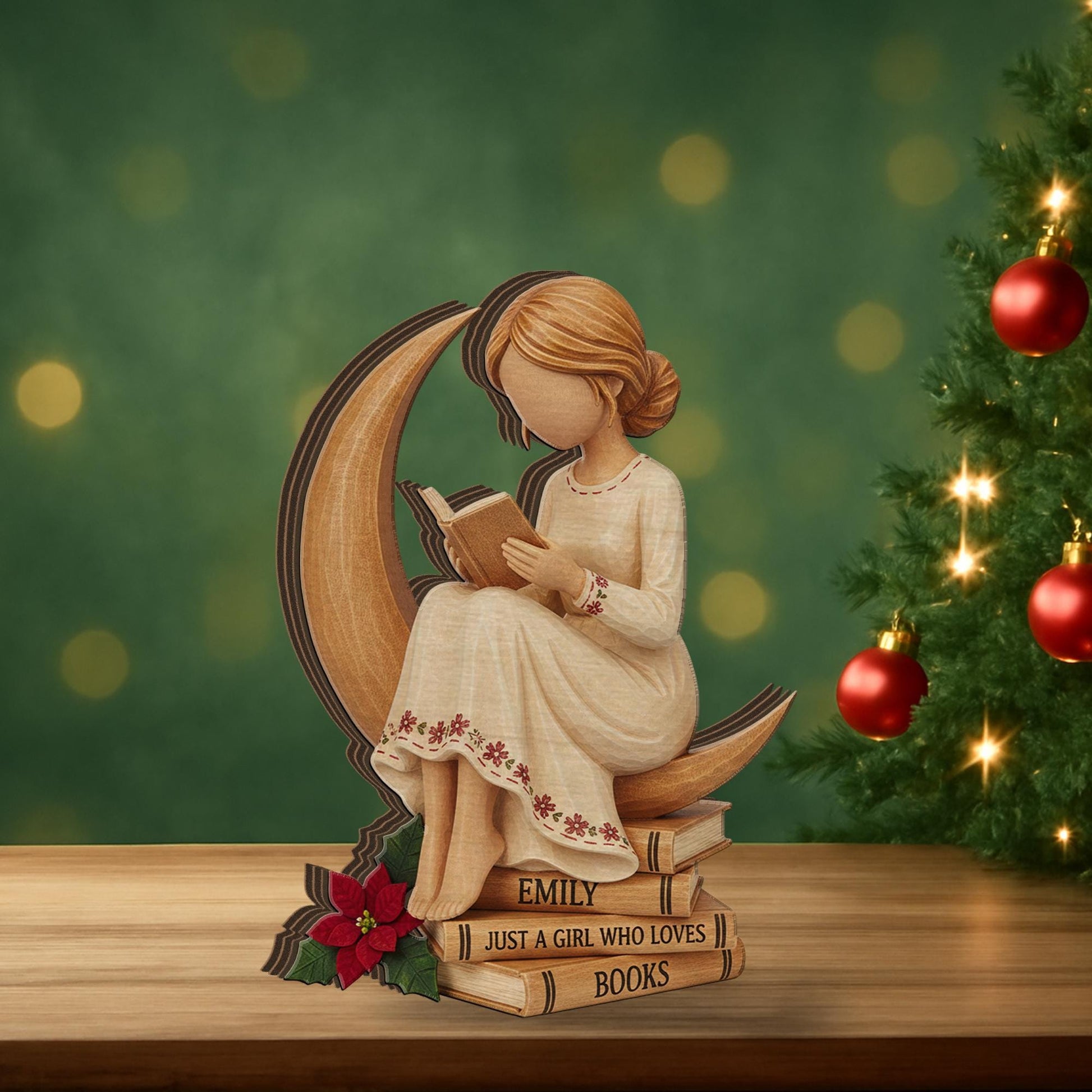 Custom Wooden Reader Figurine: Girl Reading on Moon Wood Blocks image 3