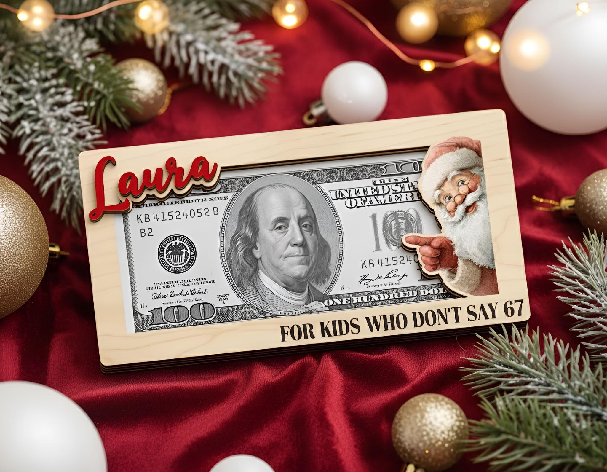Personalized Christmas Money Holder: Funny Santa Design, Gen Z Slang, Viral 67 Meme Gift image 1