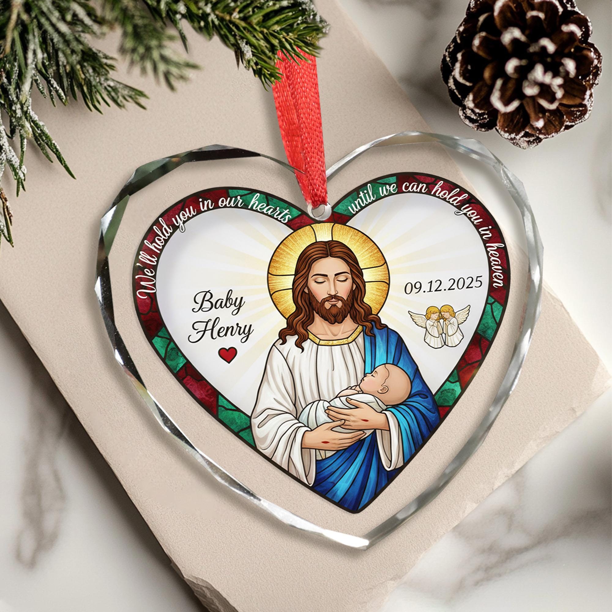 Baby Memorial Glass Ornament: Personalized Heart Shape, Jesus Holding Infant image 1