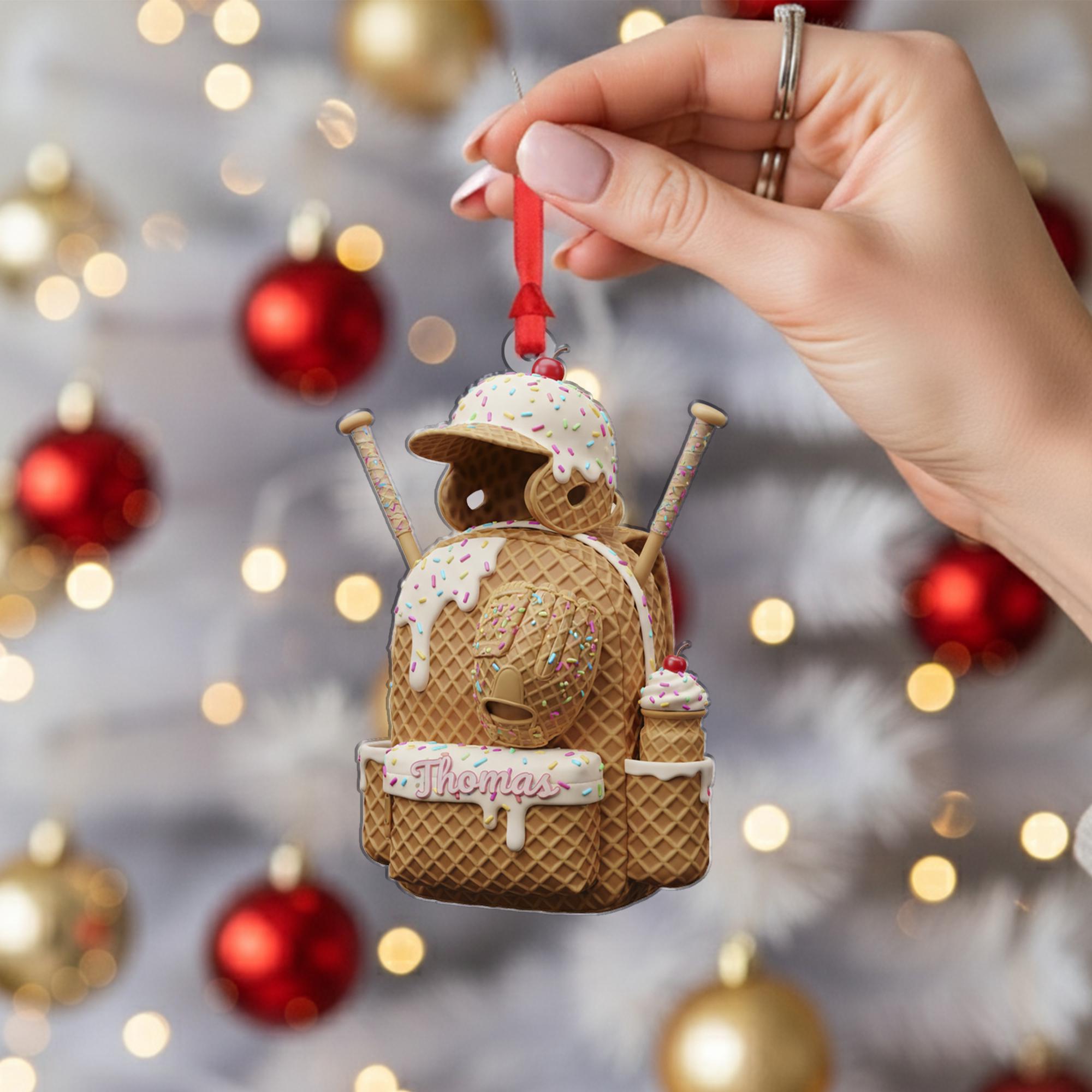 Personalized Baseball Ornament: Ice Cream Theme, Waffle Cone Texture, Backpack Shape image 6